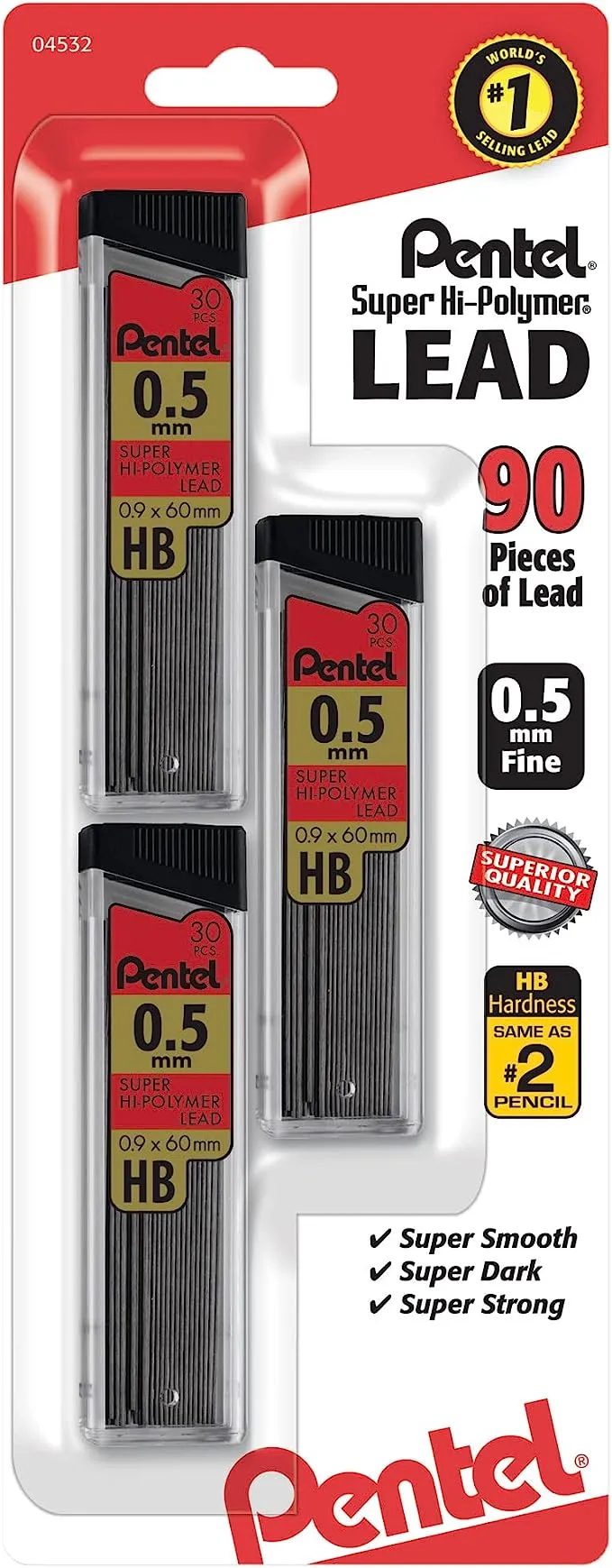 Pentel® Super Hi-Polymer® Leads, 0.5 mm, HB, 30 Leads Per Tube, Pack Of 3 Tubes