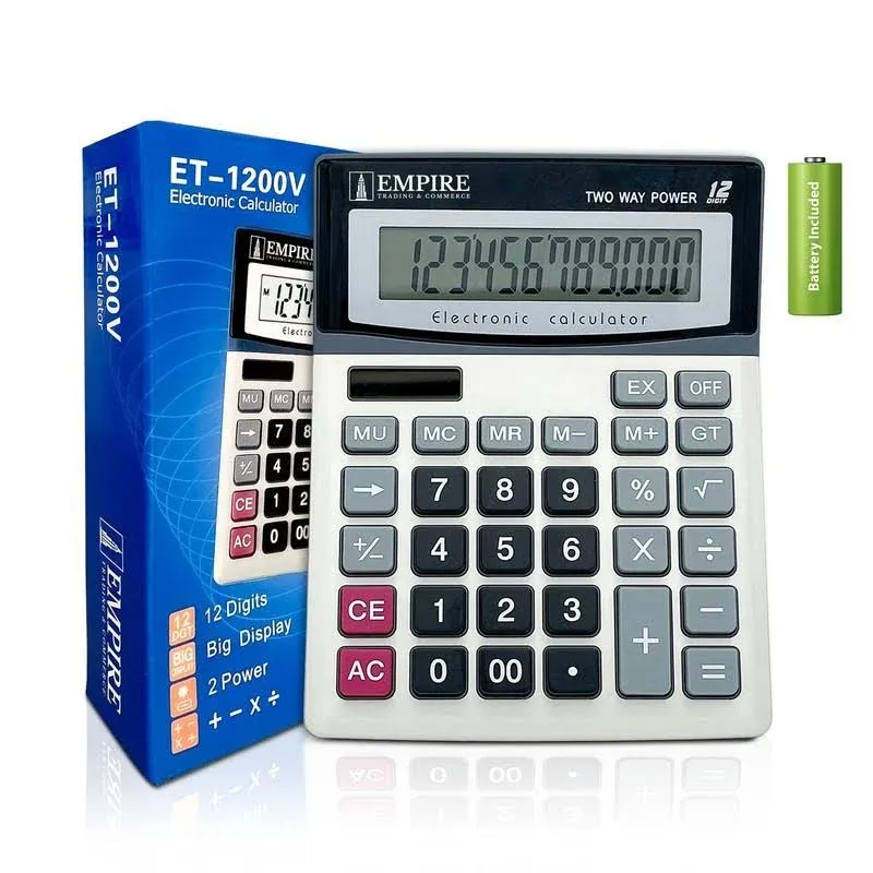 Empire Desk Calculator with Large Key Buttons, 12 Digits, Large Eye-Angled Displ