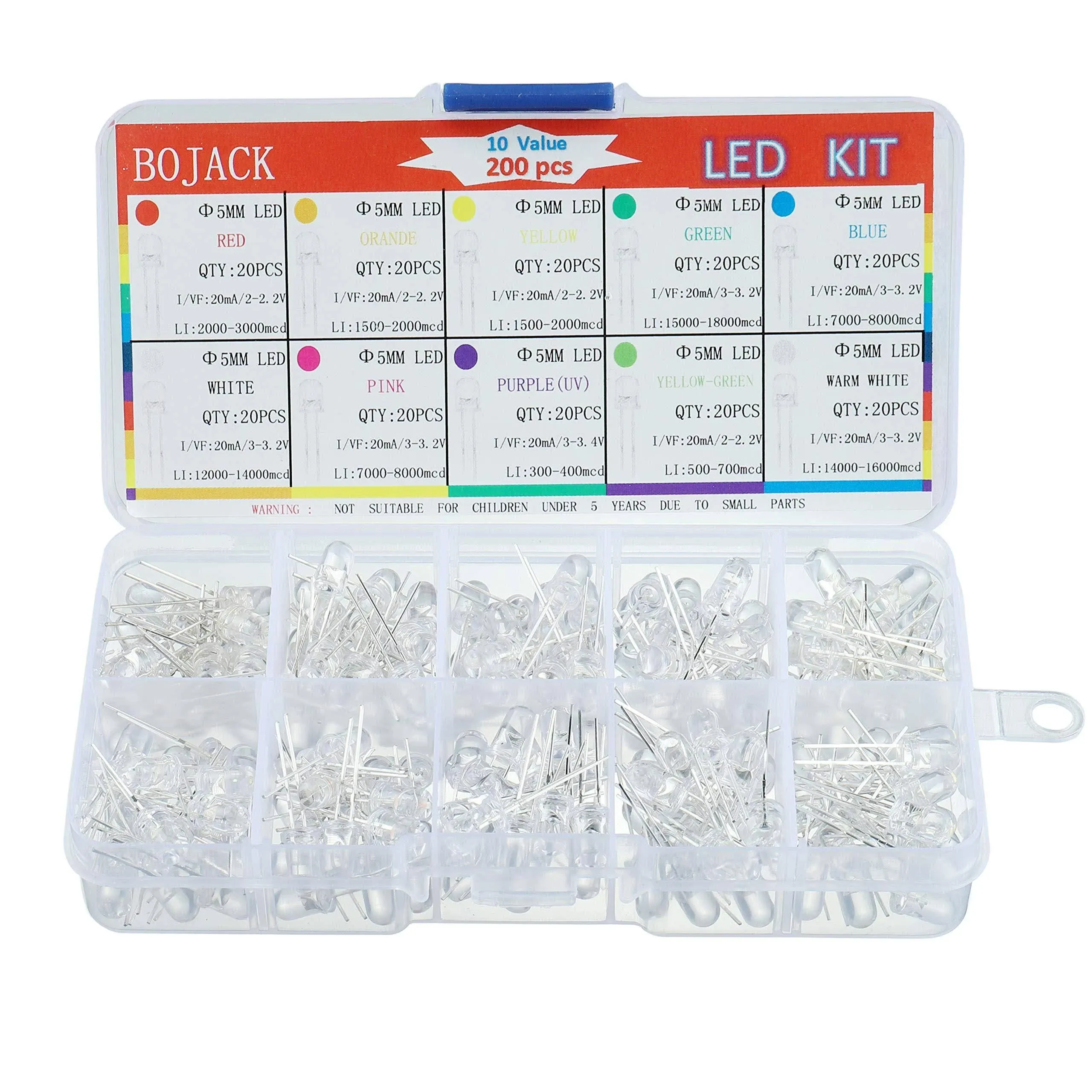 BOJACK 10 Colors 200 pcs 5mm LED Diode Lights Assored Kit Pack Transparent D...