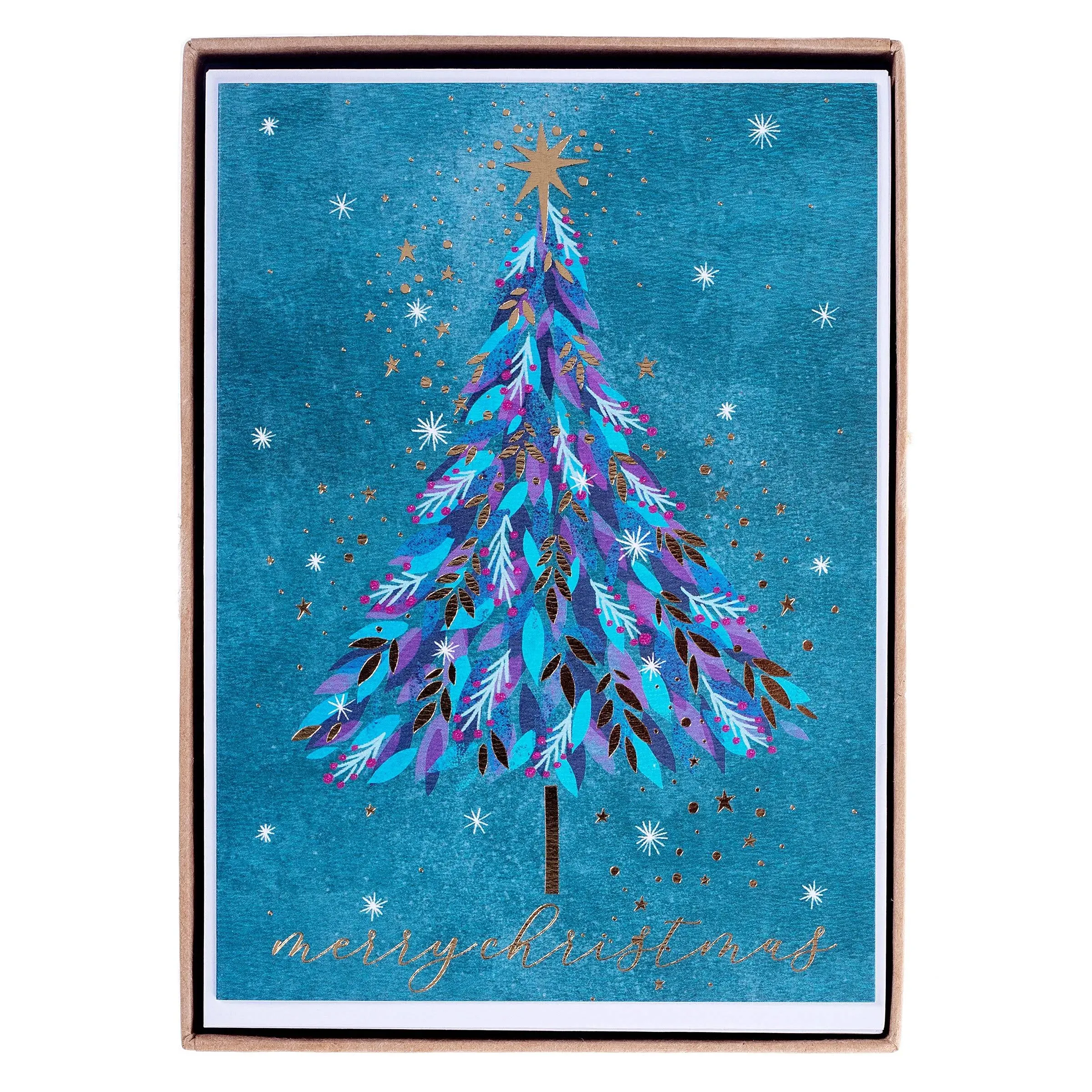 Graphique Gold and Purple Tree Holiday Cards - Pack of 15 Cards with Envelopes - Christmas Greetings - Gold Foil and Glitter Accents - Boxed Set - 4.75" x 6.625"