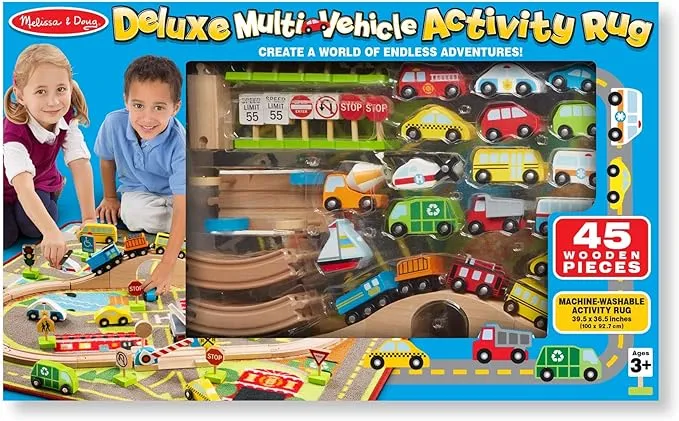 Melissa & Doug Deluxe Multi-Vehicle Activity Rug (39.5" x 36.5") - 19 Vehicles, 12 Wooden Signs, Train Tracks