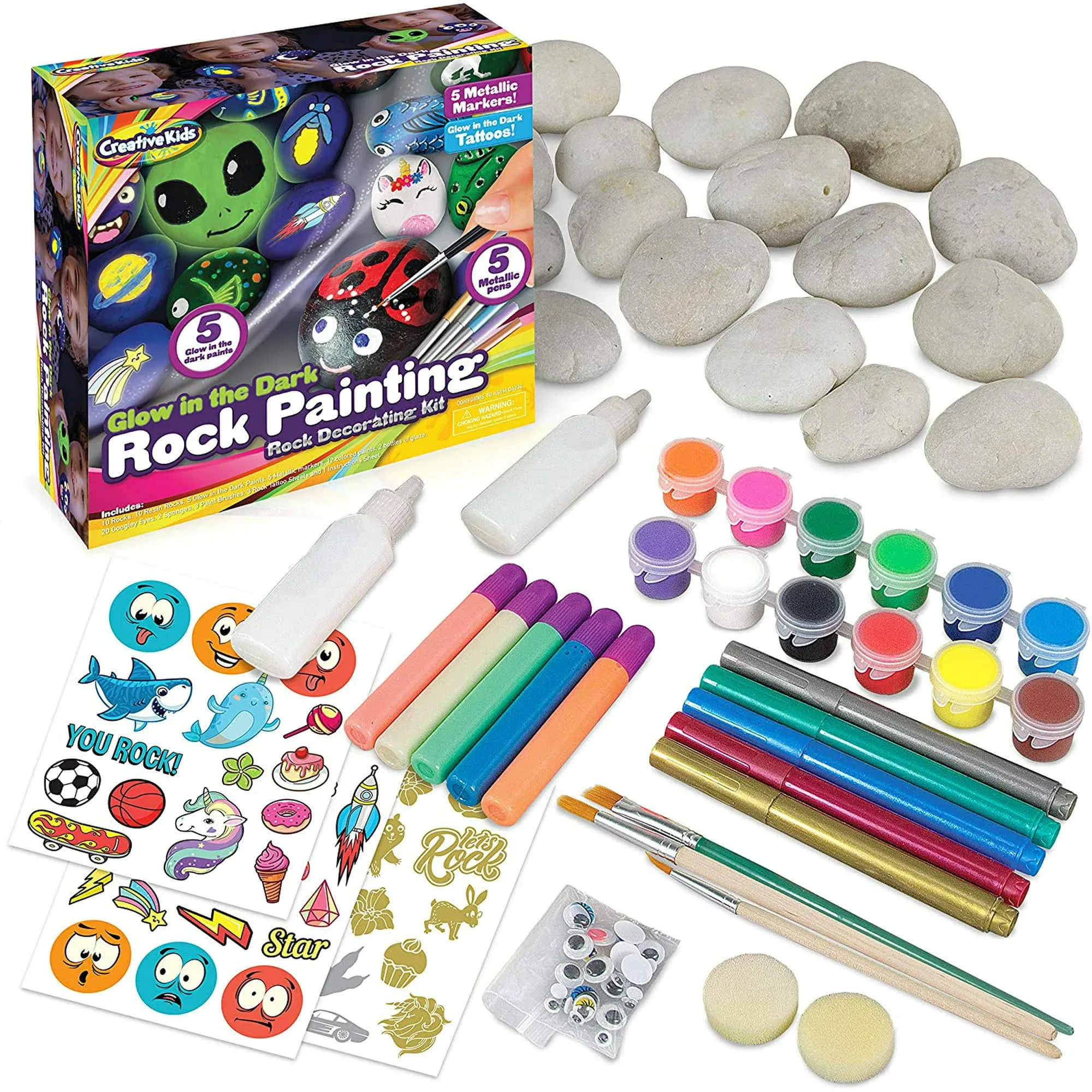 Creative Kids Glow in The Dark Rock Painting Kit Supplies - 20 Rocks - 5-7 Years