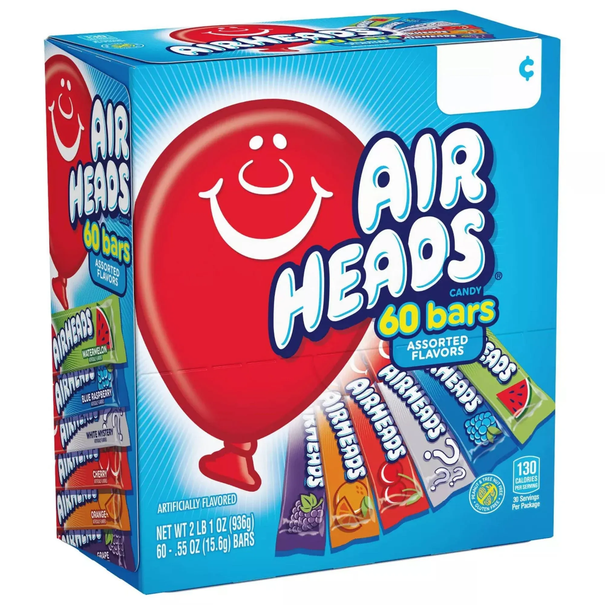 Airheads Candy Bars, Variety Bulk Box, Chewy Full Size Fruit Taffy, 60