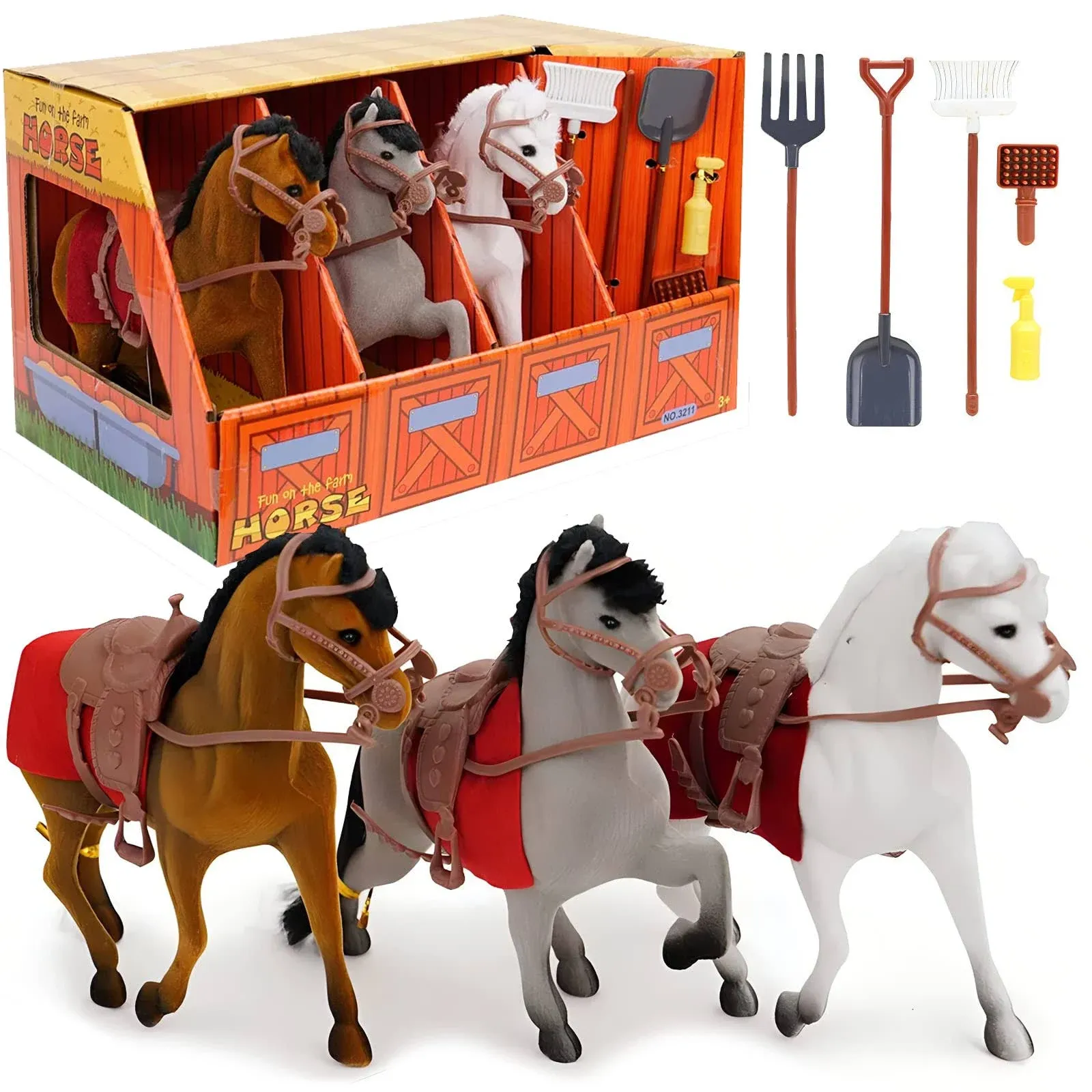 Liberty Imports Horse Stable Take-Along Kids Toy Playset with 3 Horses, Farm Tools and Accessories