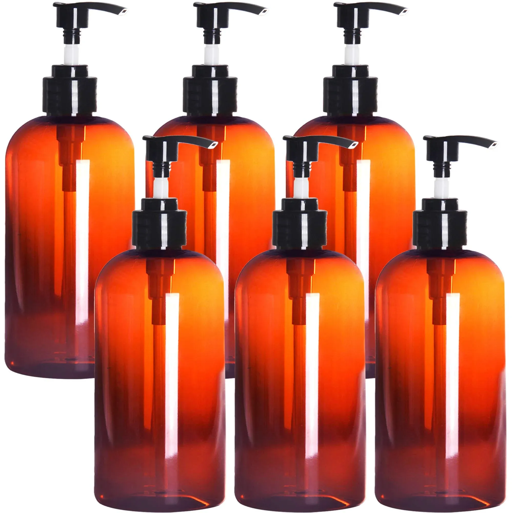 Youngever 6 Pack Amber Plastic Pump Bottles 12 Ounce, Refillable Plastic Pump Bottles for Dispensing Lotions, Hand Sanitizer YE390.111