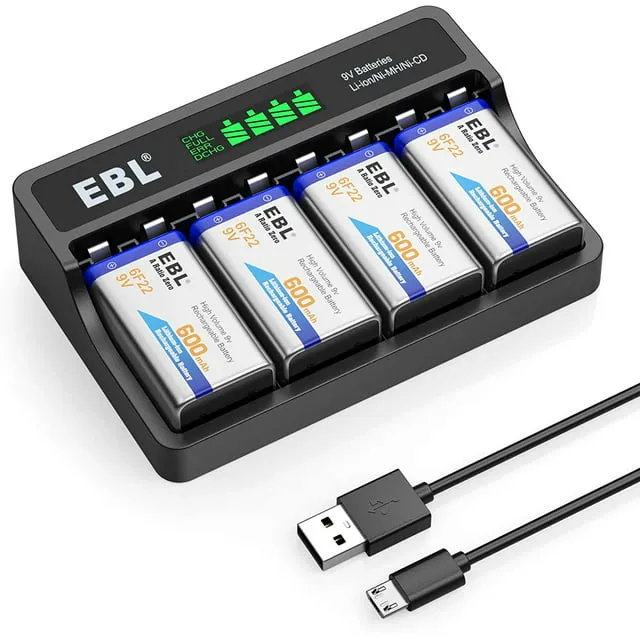 EBL 9V Li-Ion Rechargeable Batteries 600mAh 4-Pack