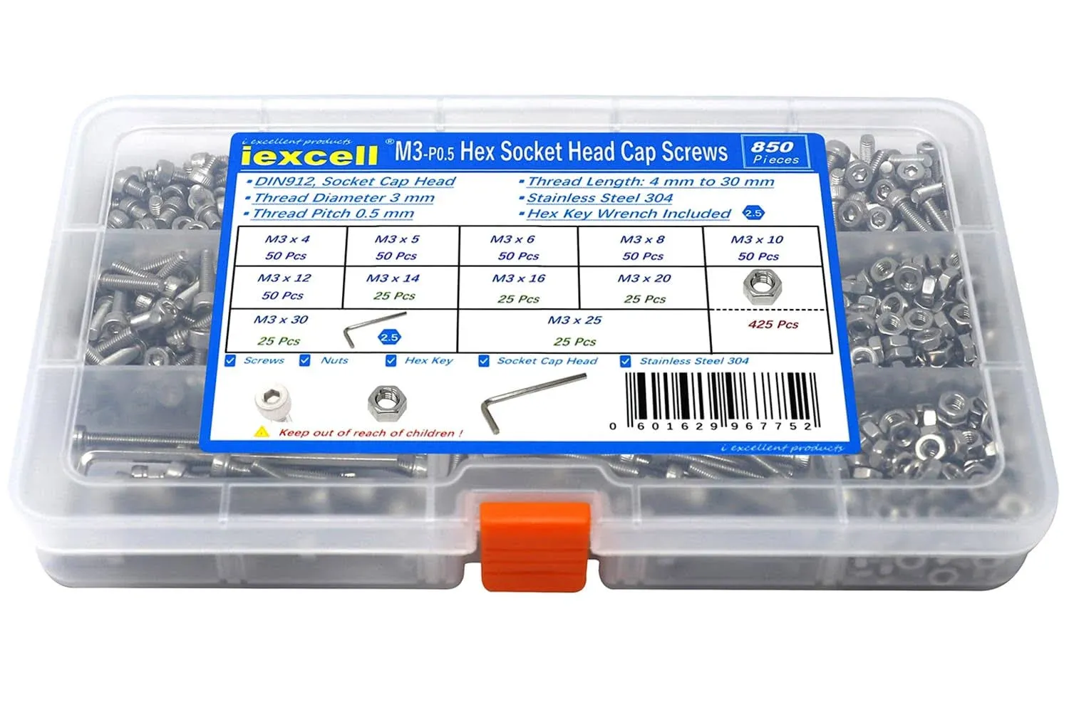 Generic iexcell 850 Pcs M3 x 4/5/6/8/10/12/14/16/20/25/30 Stainless Steel 304 Hex Socket Head Cap Screws Bolts Assortment and Nuts Kit