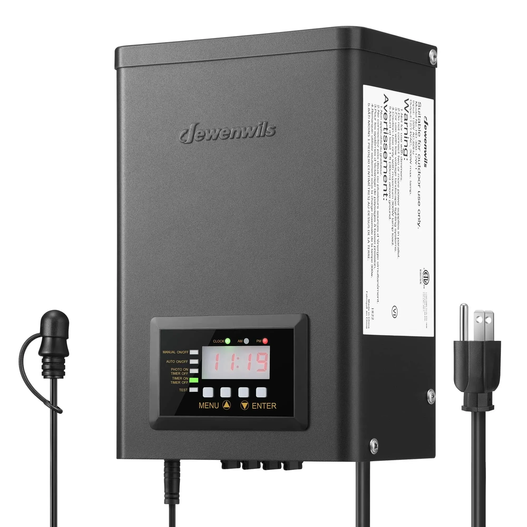 DEWENWILS 300W Low Voltage Transformer with 3 Independent Control Outputs, Landscape Transformer with Timer and Photocell Sensor, 120V AC to 12V/14V AC, Weatherproof, ETL Listed