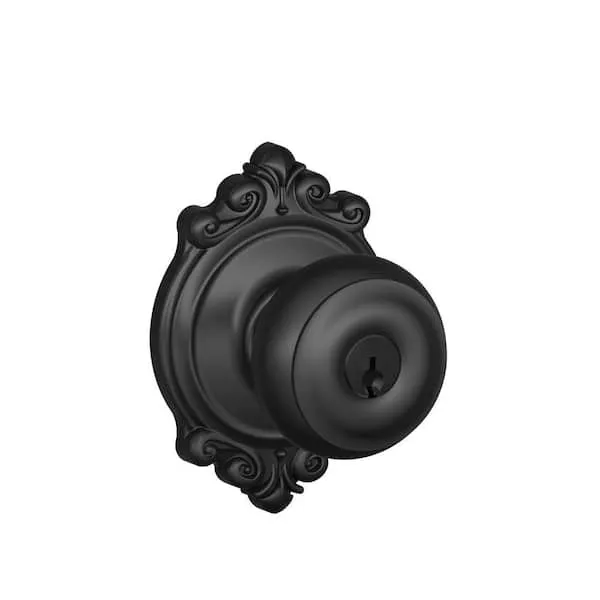 Schlage F51A Geo 622 BRK Brookshire Collection Georgian Keyed Entry Knob Matte Black