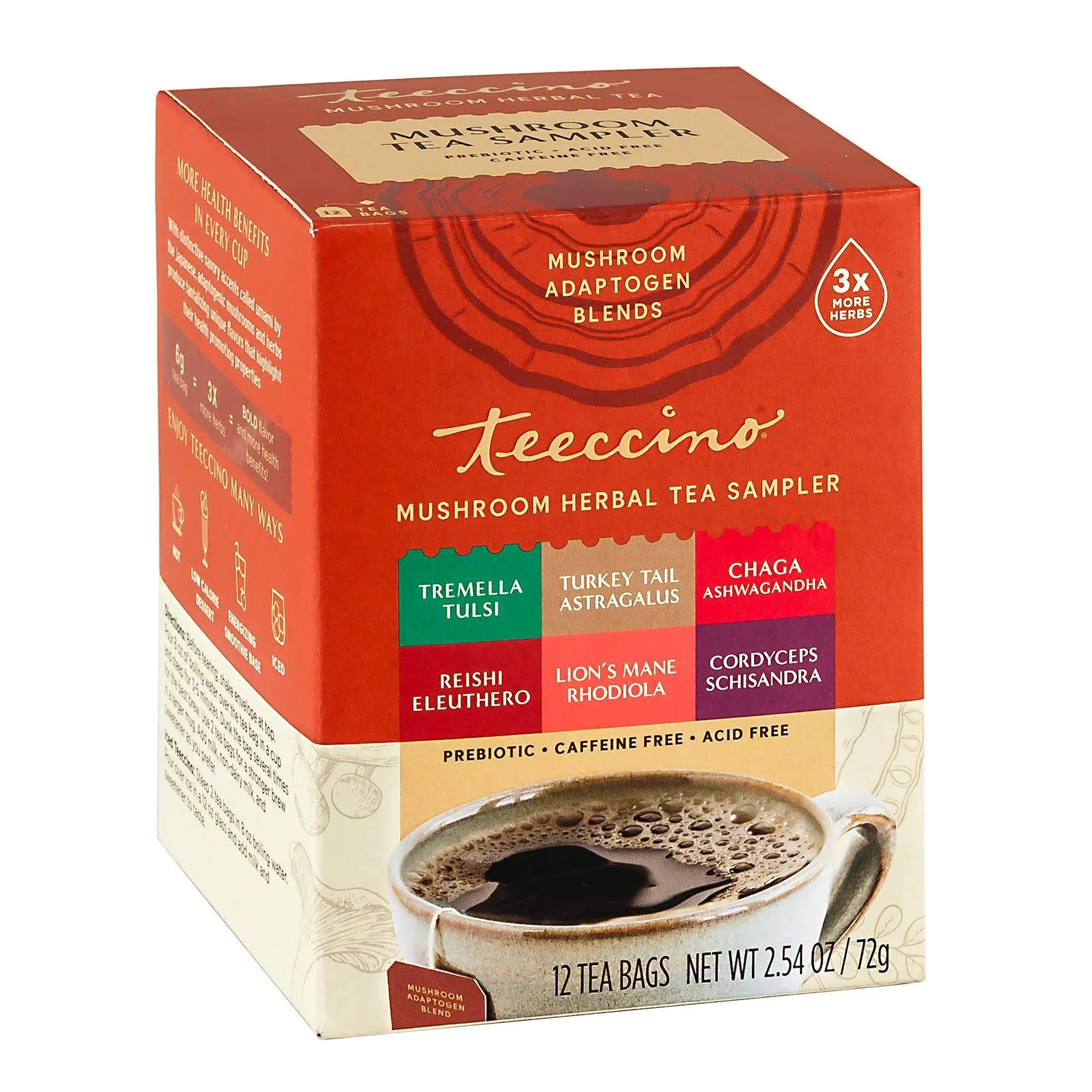 Teeccino Mushroom Adaptogen Herbal Tea Sampler, Prebiotic, Caffeine Free, 12 Tea Bags