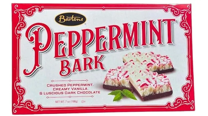 Bartons Peppermint Bark - Crushed Peppermint Candy with Creamy Vanilla and Dark Chocolate. Net Wt. 7oz (198g)