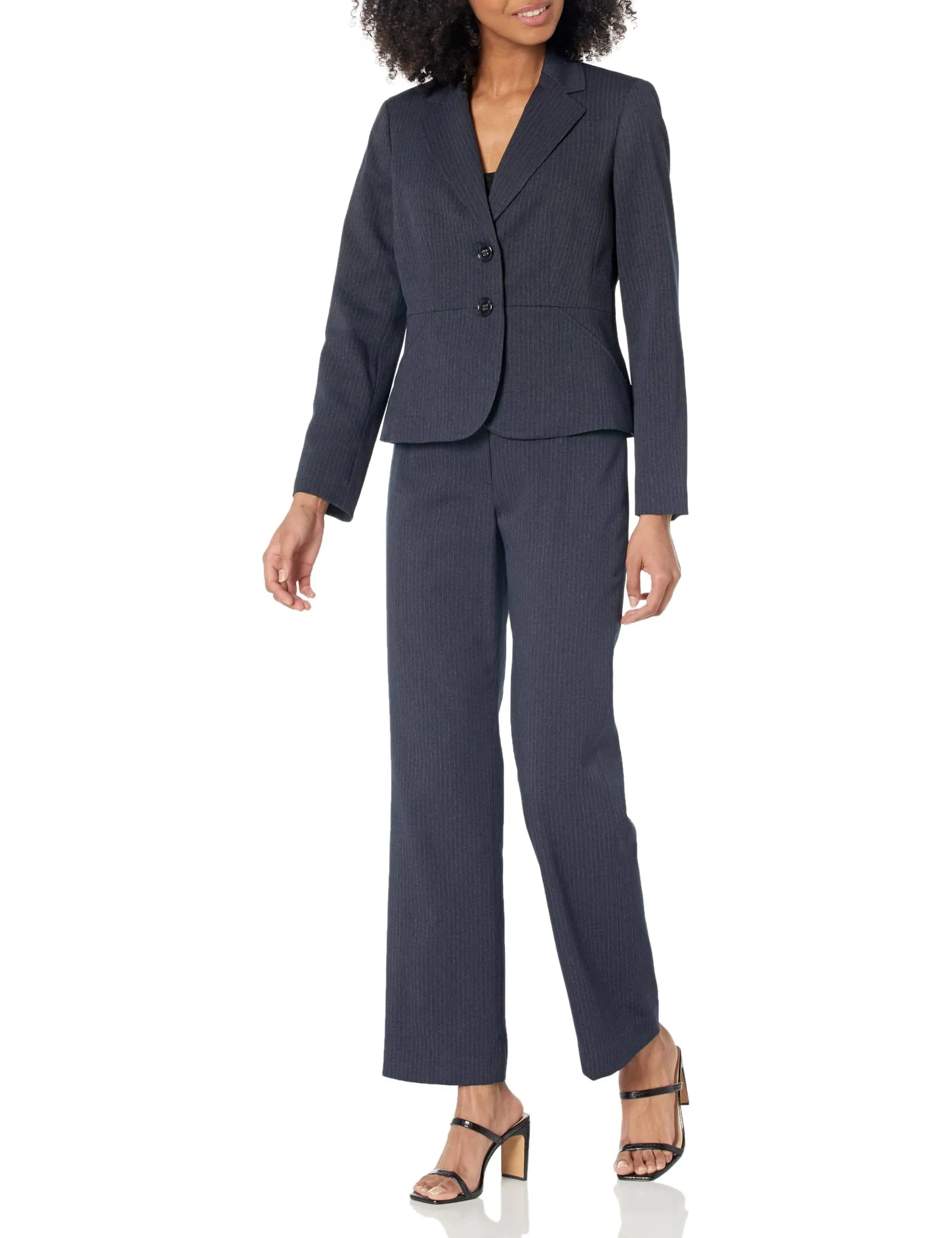 Le Suit Women’s Petite Tonal Pinstripe Two Button Jacket and Kate Pant Set, Navy Blue, 2P