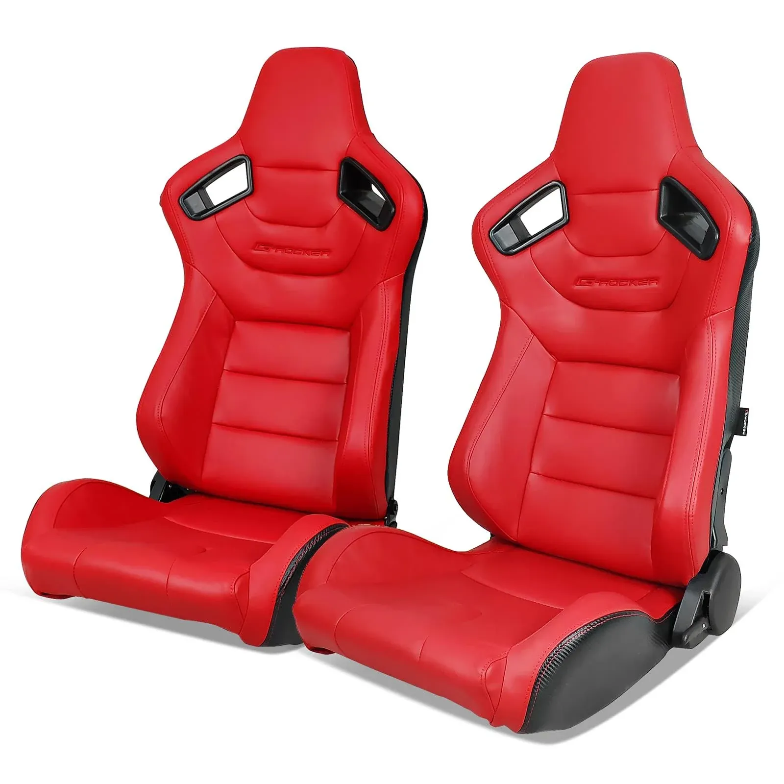 Universal Reclinable Racing Seats 2PC Double Sliders Red PU Carbon Leather