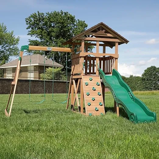 Backyard Discovery Lightning Ridge All Cedar Wooden Swing Set, Raised Clubhouse, 2 Belt Swings, 10 Inch Wave Slide, Ladder, Climbing Rock Wall Brown