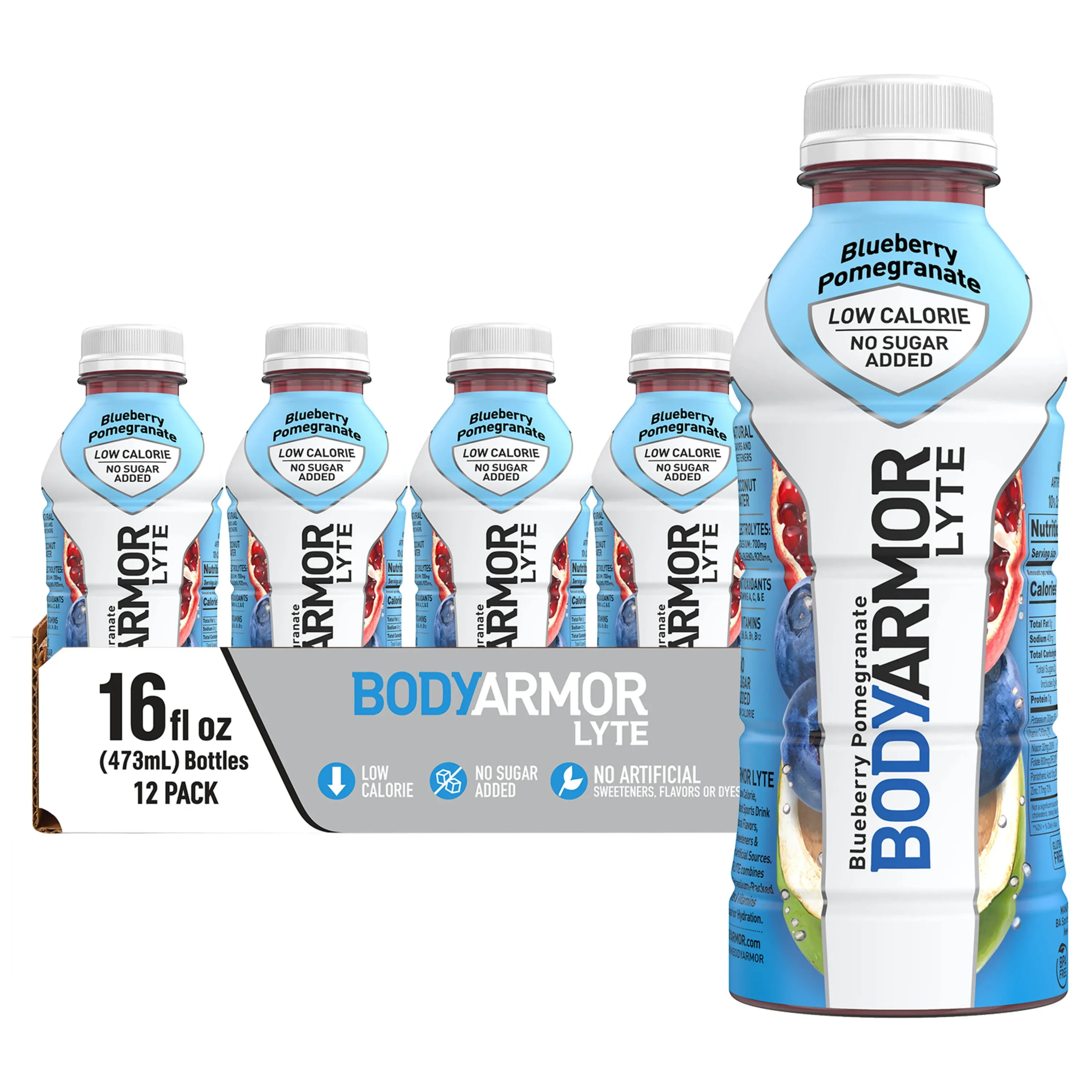 BODYARMOR LYTE Sports Drink Low-Calorie Sports Beverage, Blueberry Pomegranate, Coconut Water Hydration, Natural Flavors With Vitamins, Potassium-Packed Electrolytes, Perfect For Athletes, 16 Fl Oz (Pack of 12)