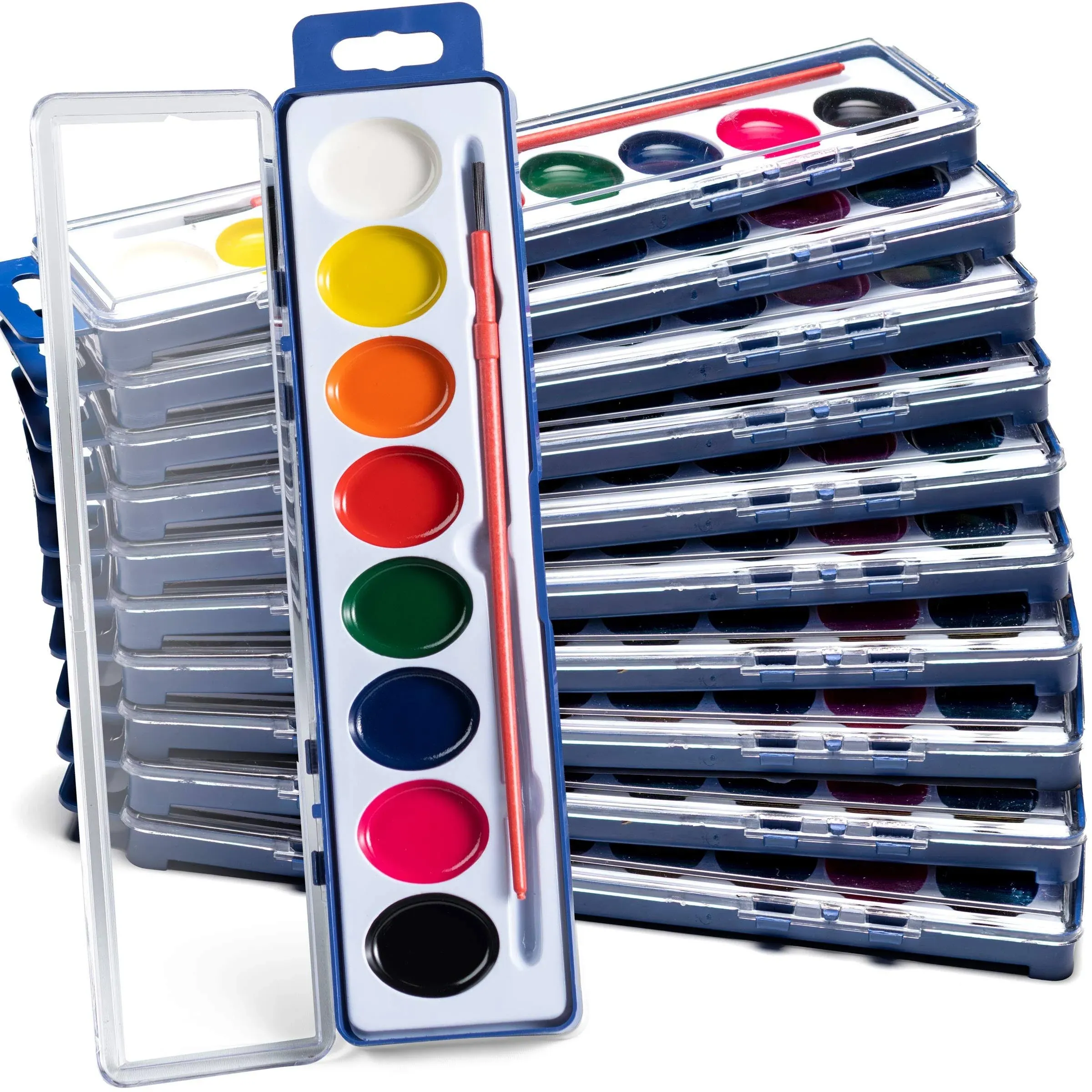 Bedwina Watercolor Paint Sets for Kids - Bulk Pack of 12, 8 Washable Water Color Paints in Palette Tray and Painting Brush for Coloring, Art, Classrooms and Paint Party Supplies