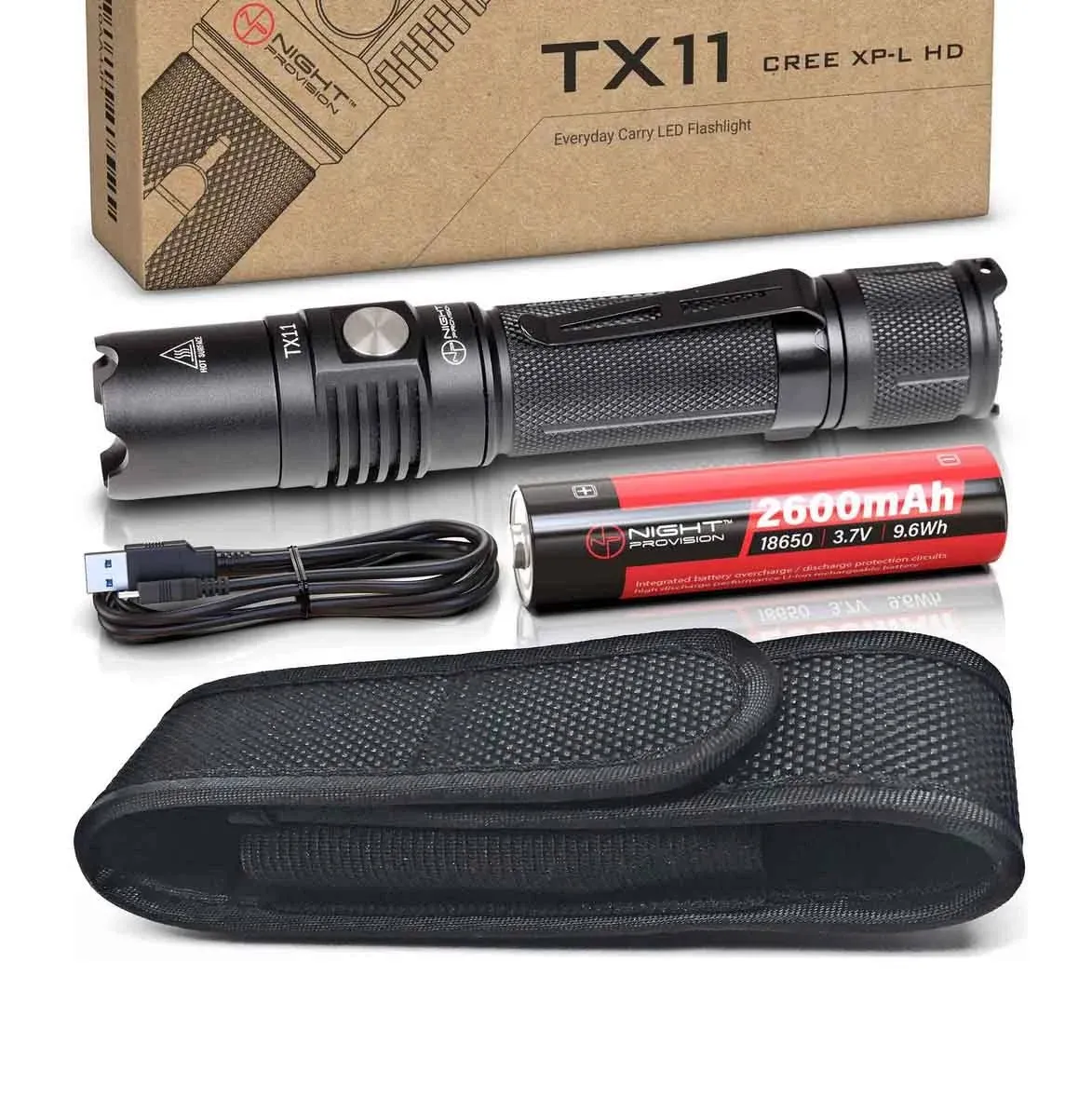 Night Provision TX11 Tactical Flashlight Torch &amp; USB Rechargeable Battery Cre...