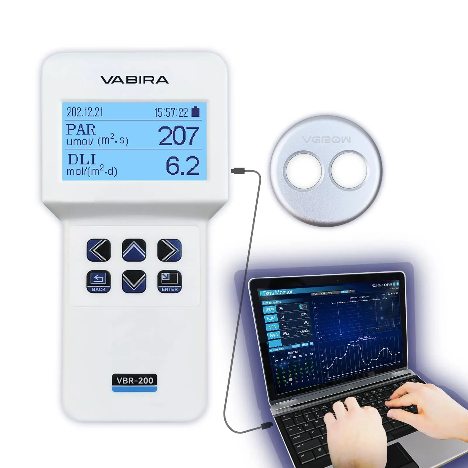 VBR-200 PAR Meter for Grow,Data Logger,Test PPFD,DLI,LUX,CCT,Temperature,Humidity,VPD.Dimmer