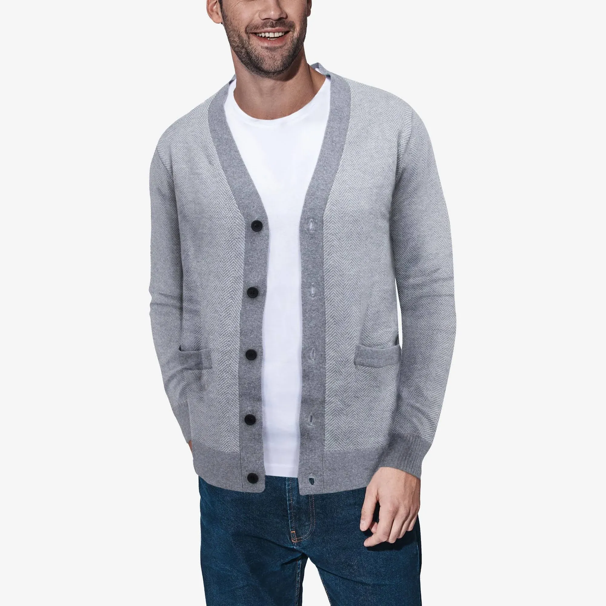 X-Ray Men's Herringbone Cardigan Sweater - Off WHITE-HEATHER Gray - Size XL