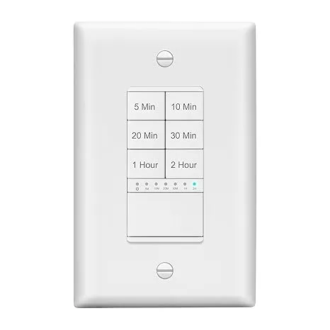 LIDER 2-Hour Countdown Timer Switch with Wall Plate, 5-10-20-30 Min, 1-2 Hour, for Lighting or Fans, LED Indicator, 1200W, Neutral Wire Required,