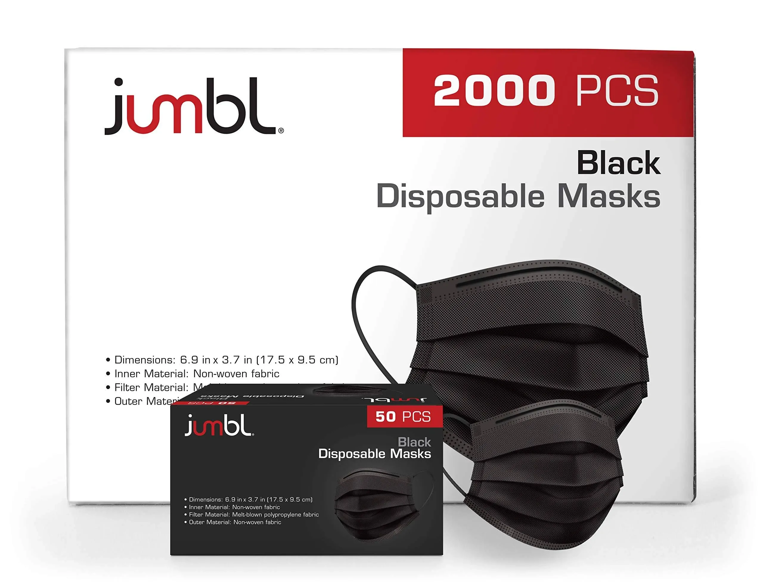 Jumbl Face Mask [2000 Pack] Single Use Disposable Black Face Mask, 3-Ply Masks with Elastic Earloops, Wholesale Bulk Pricing