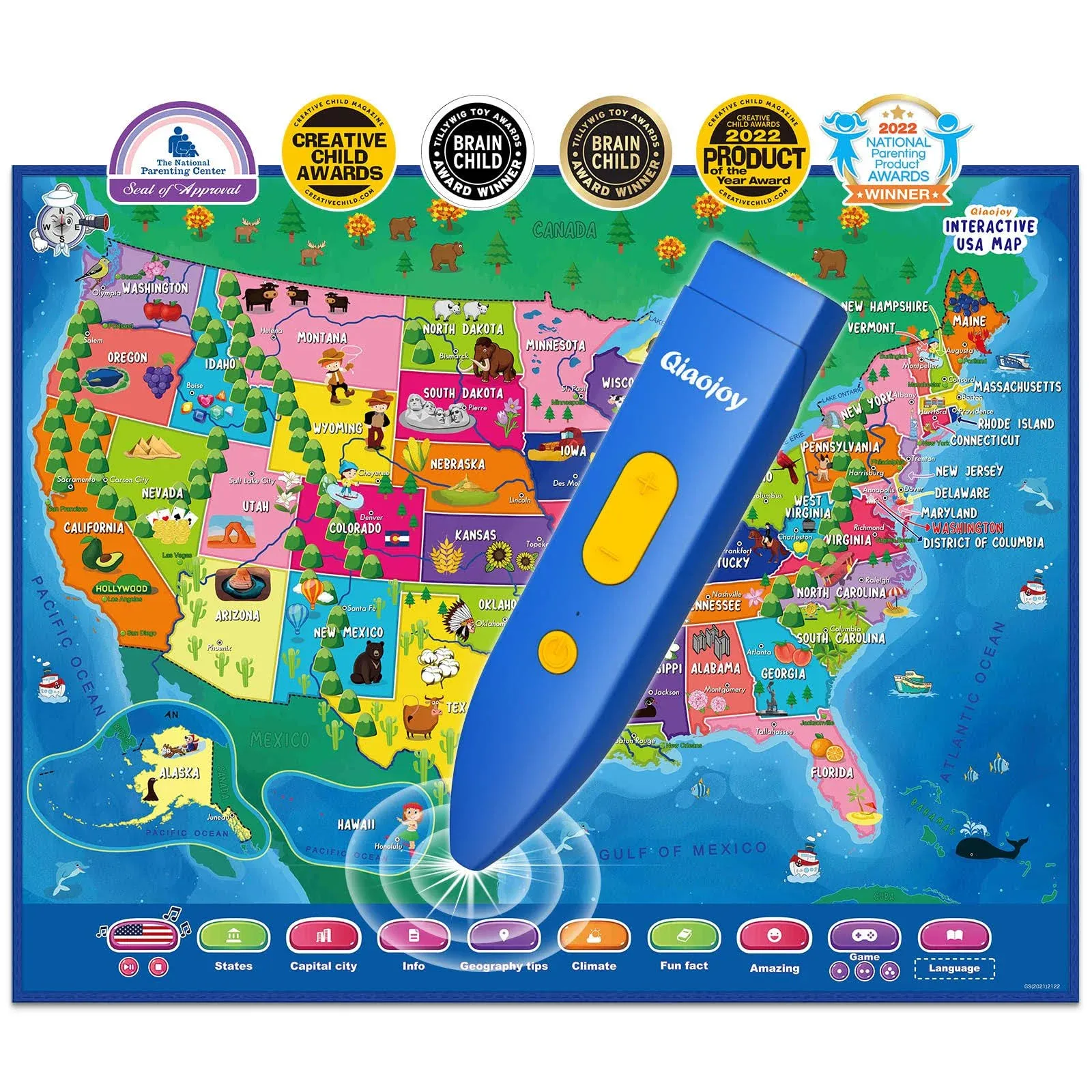 Qiaojoy Bilingual Interactive Map for Kids Talking USA Map for Kids Learning ...