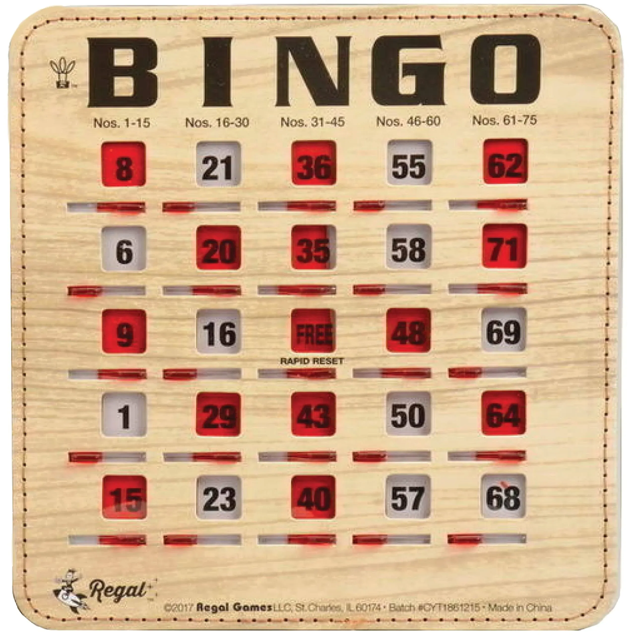 Regal Games, Tarjetas de bingo con obturador de reinicio rápido con vetas de madera para niños y adultos, Obturador deslizante con punta de dedo, Lectura fácil, 10 piezas, color tostado