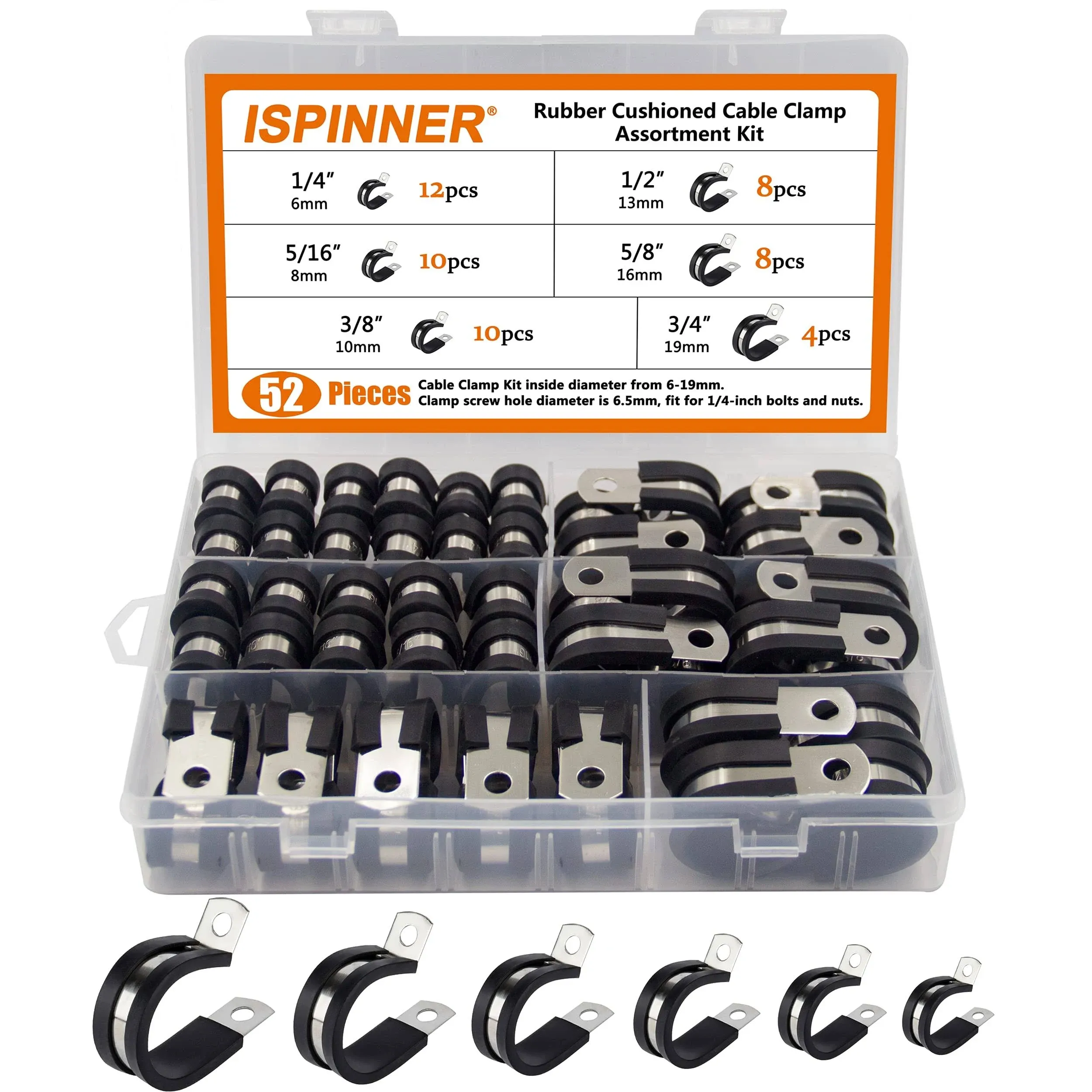 ISPINNER 52pcs Cable Clamps Assortment Kit, 304 Stainless Steel Rubber Cushion ...