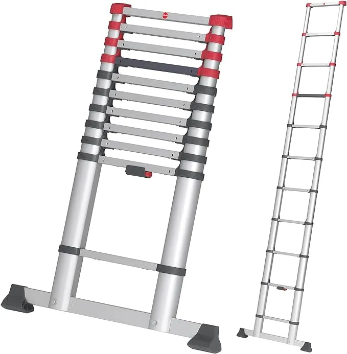 Hailo T80 FlexLine | Aluminum telescoping Ladder | 11 rungs | Height Adjustable up to 10.5FT | Single rungs can be Extended | Transport Belt | One-Hand Unlocking System | Rustproof | Indoor-Outdoor