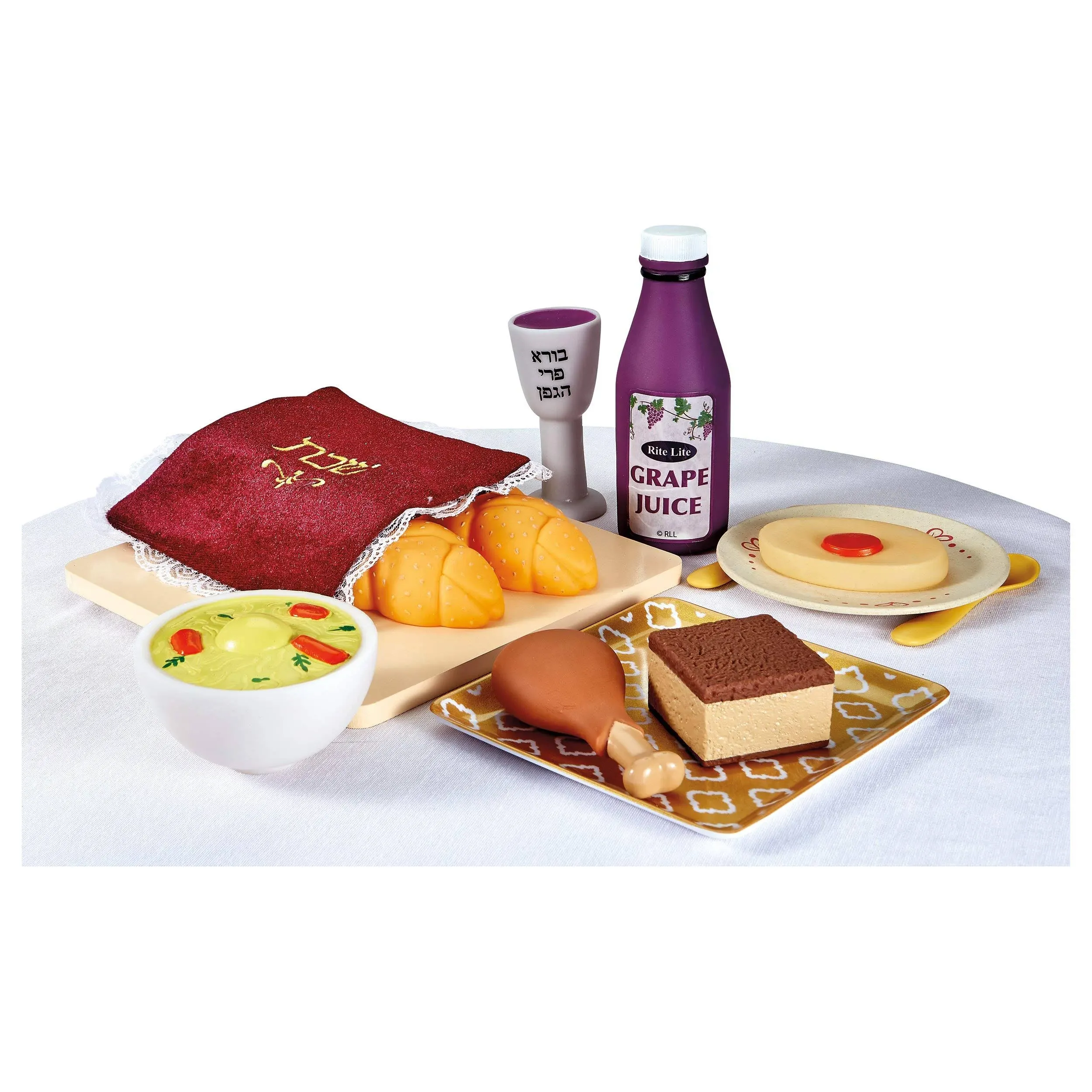 My First Shabbat Jewish Pretend Play Kids Food - Includes Grape Juice, Kiddush Cup, 2 Challahs, Gefilte Fish, Chicken Soup, Kugel and Chicken