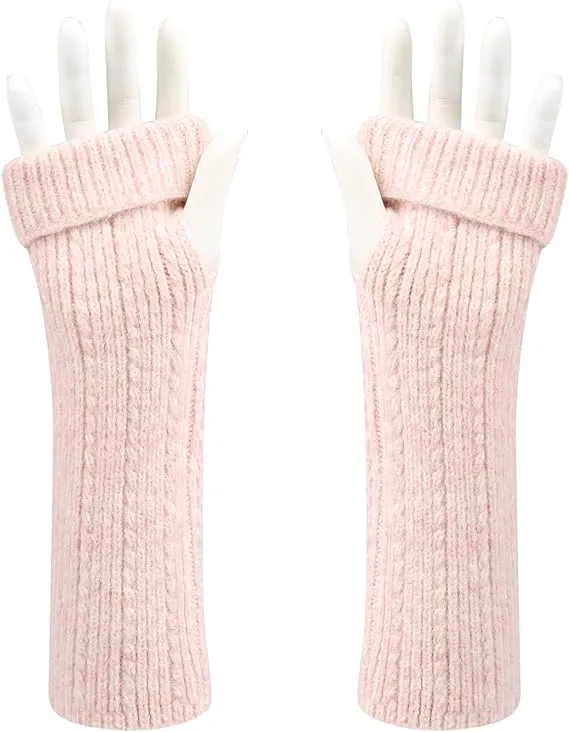 Chunky Wool Winter Warm Cozy Glove, Knitted Arm Warmers, Long Pink Glove