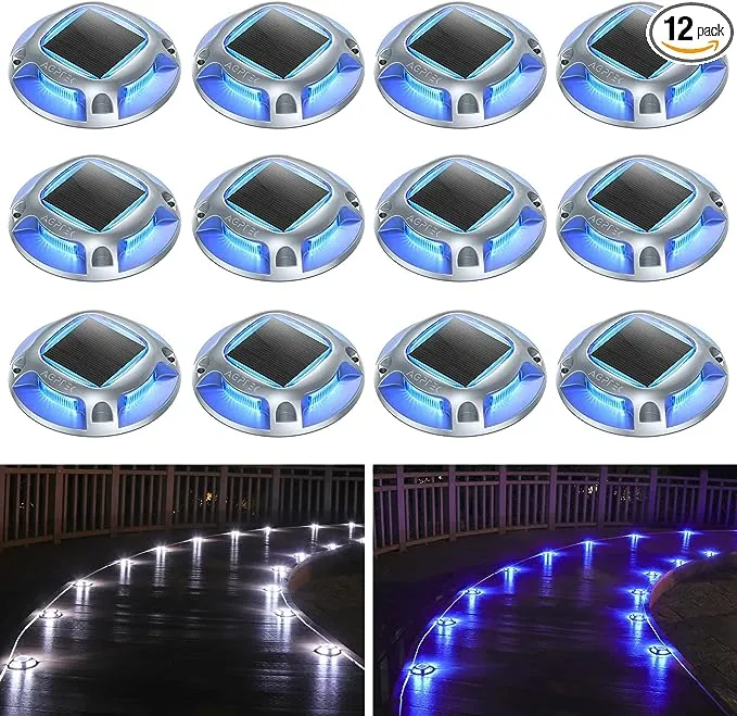 AGPTEK Solar Driveway Lights Outdoor 12 Pack, Solar Deck Lights 2 Color Modes Dock Lights Waterproof Driveway Markers Step Lights for Sidewalk Stair Garden Pathway Walkway Yard(Blue Light/Cool White)