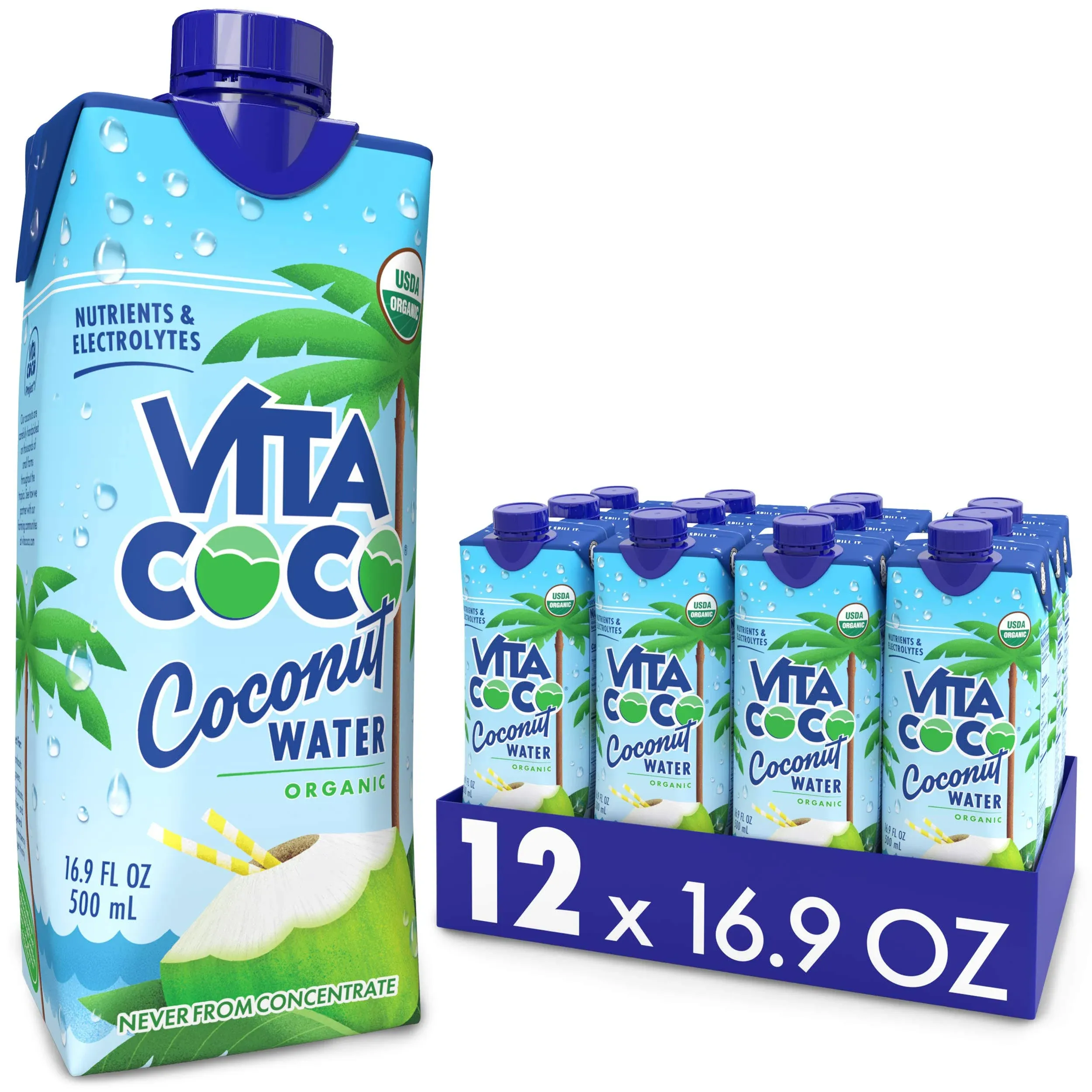 Vita Coco Coconut Water, Pure Organic | Refreshing Coconut Taste | Natural Electrolytes | Vital Nutrients | 16.9 oz (Pack of 12)