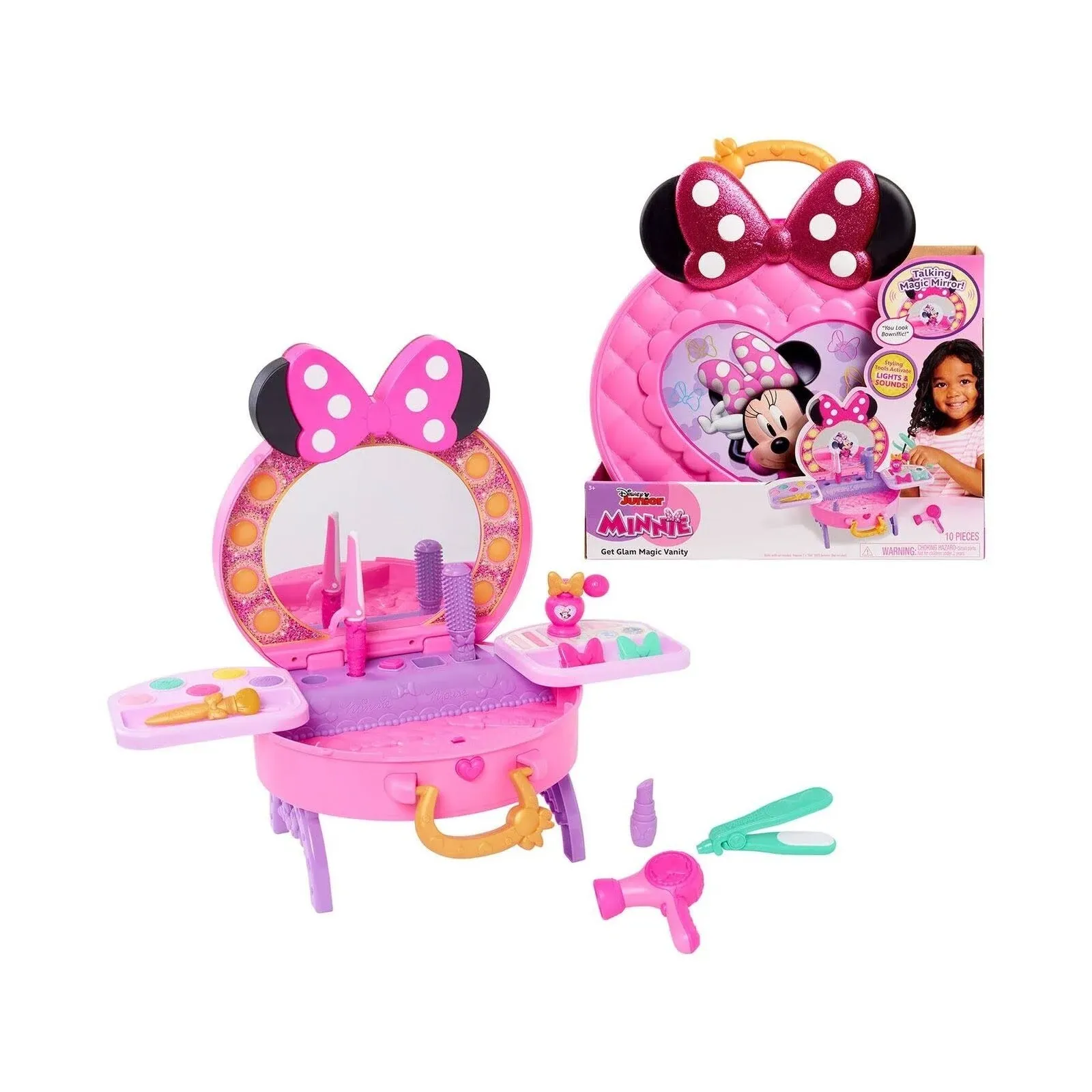 Disney Junior Minnie Mouse Get Glam Magic Table Top Pretend Play Vanity with Lights and Sounds, Kids Toys for Ages 5 up