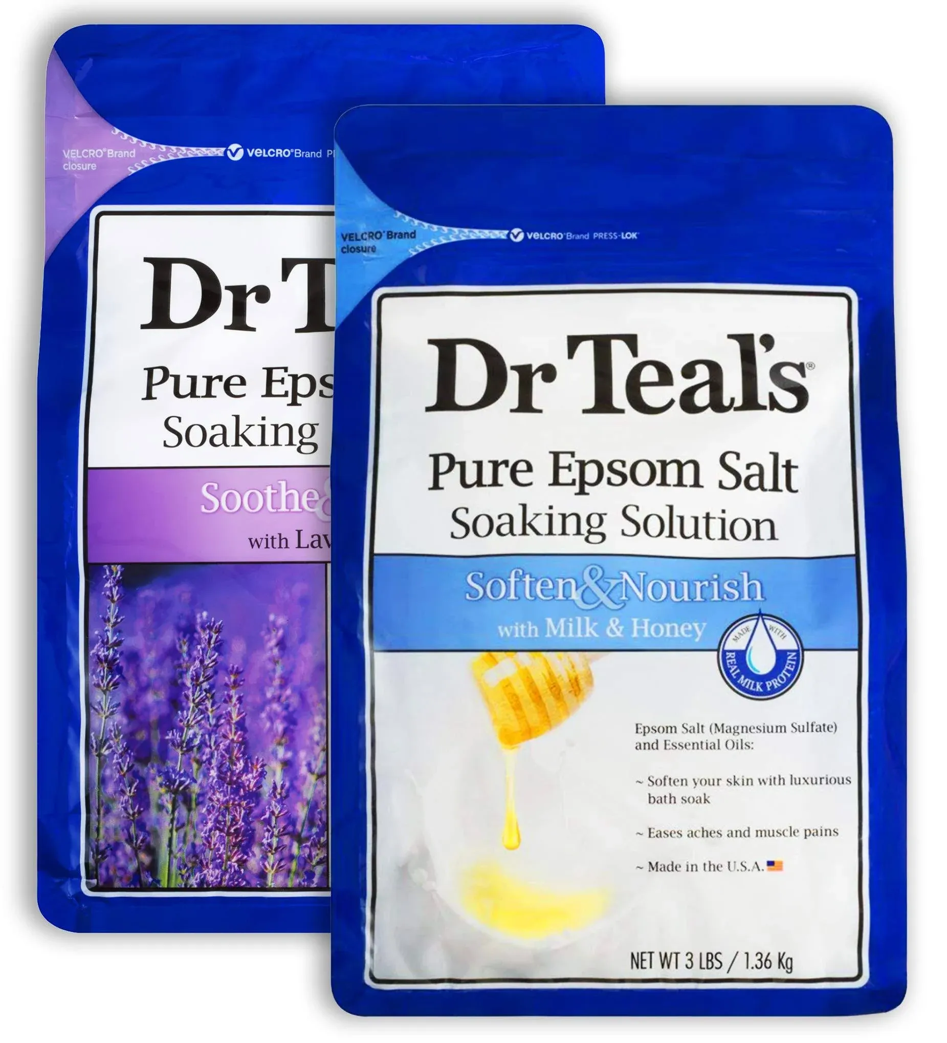 "Dr. Teal's Epsom Salt Bath Variety Gift Set (2 Pack, 3lbs Ea.) - Soothe & Sleep with Lavender, Soften & Nourish with Milk & Honey - Essential Oils Moisturize Skin & Ease Aches & Pains"