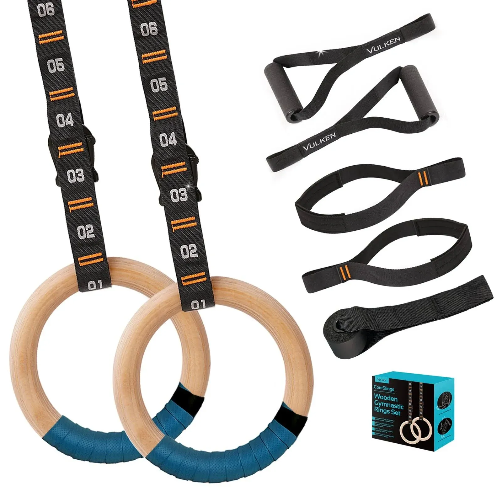 Wooden Gymnastics Rings 1.25&quot; with Adjustable Straps and Suspension Training Handles set