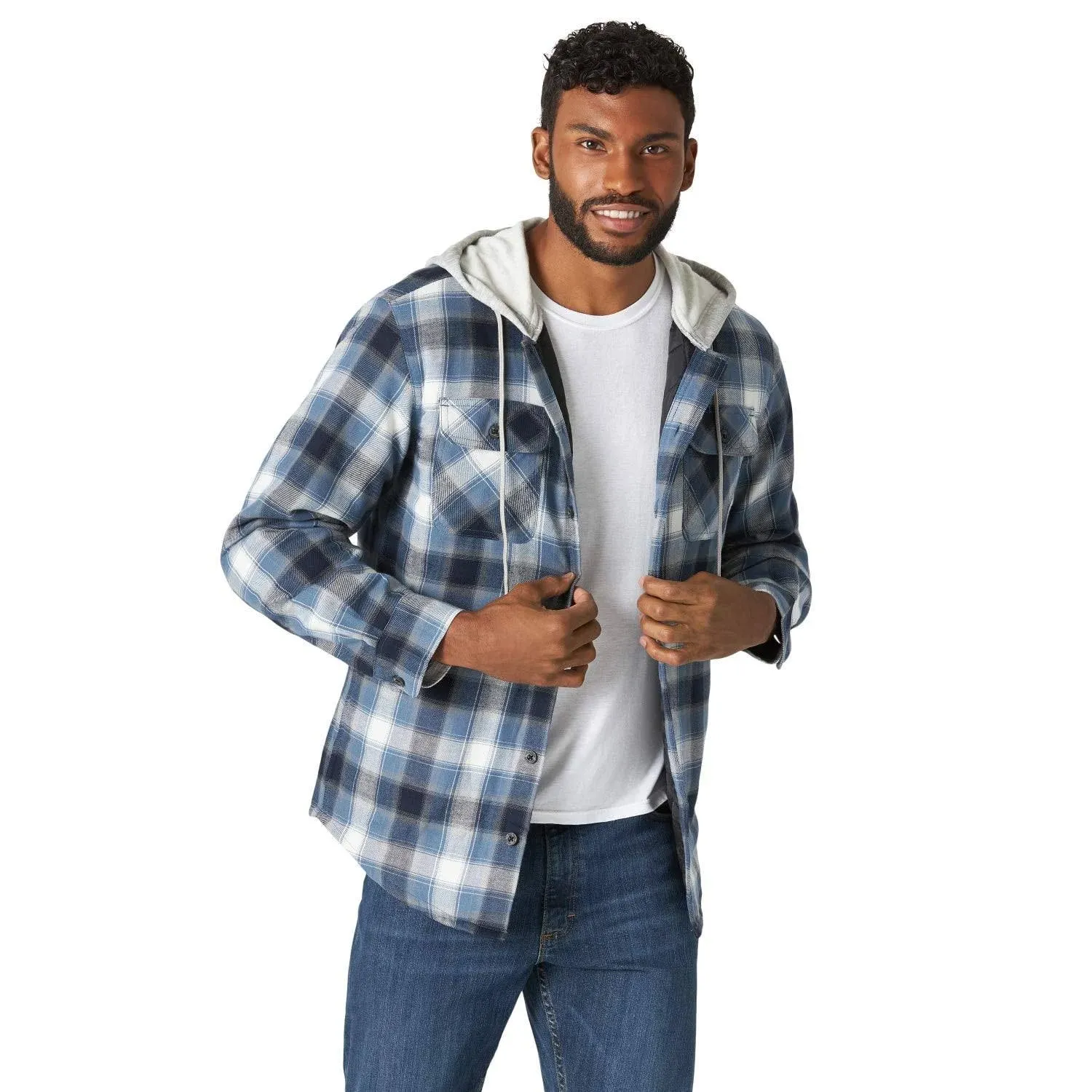 Wrangler Mens Quilted Lined Flannel Shirt Jacket w/ Hood | Blue/Black | Small