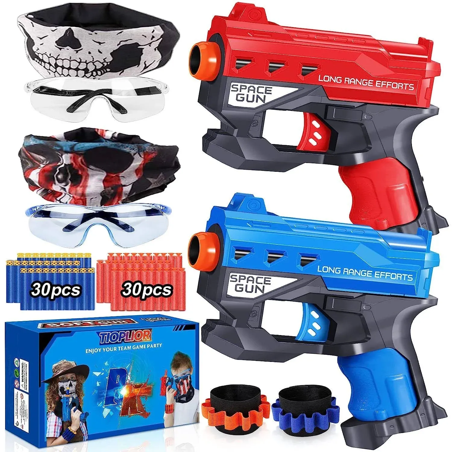 2 Pack Blaster Guns Boys Toy-with 60 Bullets &2 Wristbands, TiopLior Blaster Guns Toy Age for 4-9 Christmas Birthday Gifts &2 Safety Glasses/Face Masks for 6+ Year Old Kids Games Toys