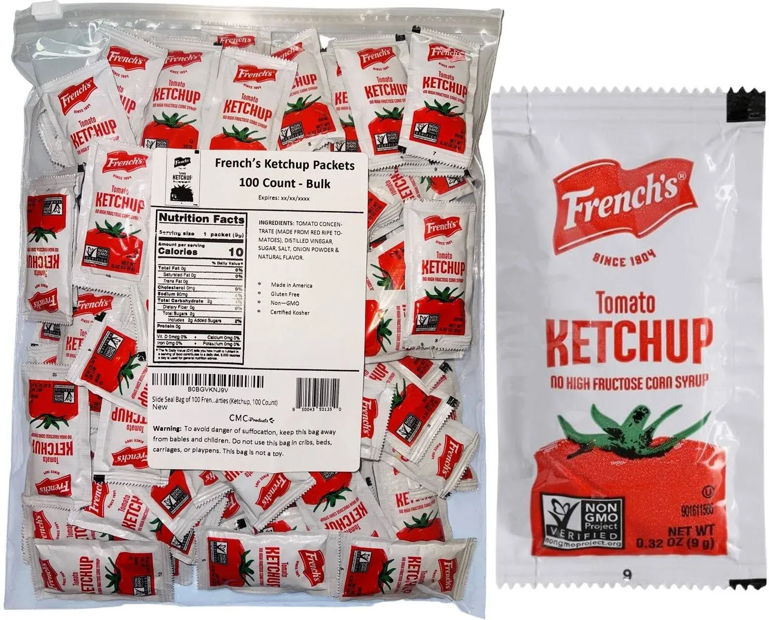 "100 Count - French's Ketchup Packets - Ketchup Condiment Packs, Bundled in LK Plastic Slide Seal Food Storage Bag Packaged by CMC Products"