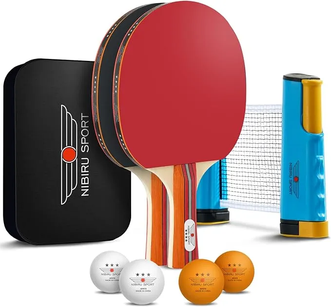 NIBIRU SPORT Ping Pong Paddles Set - Professional Table Tennis Rackets and Balls, Retractable Net with Posts and Storage Case - Pingpong Paddle and Game Table Accessories