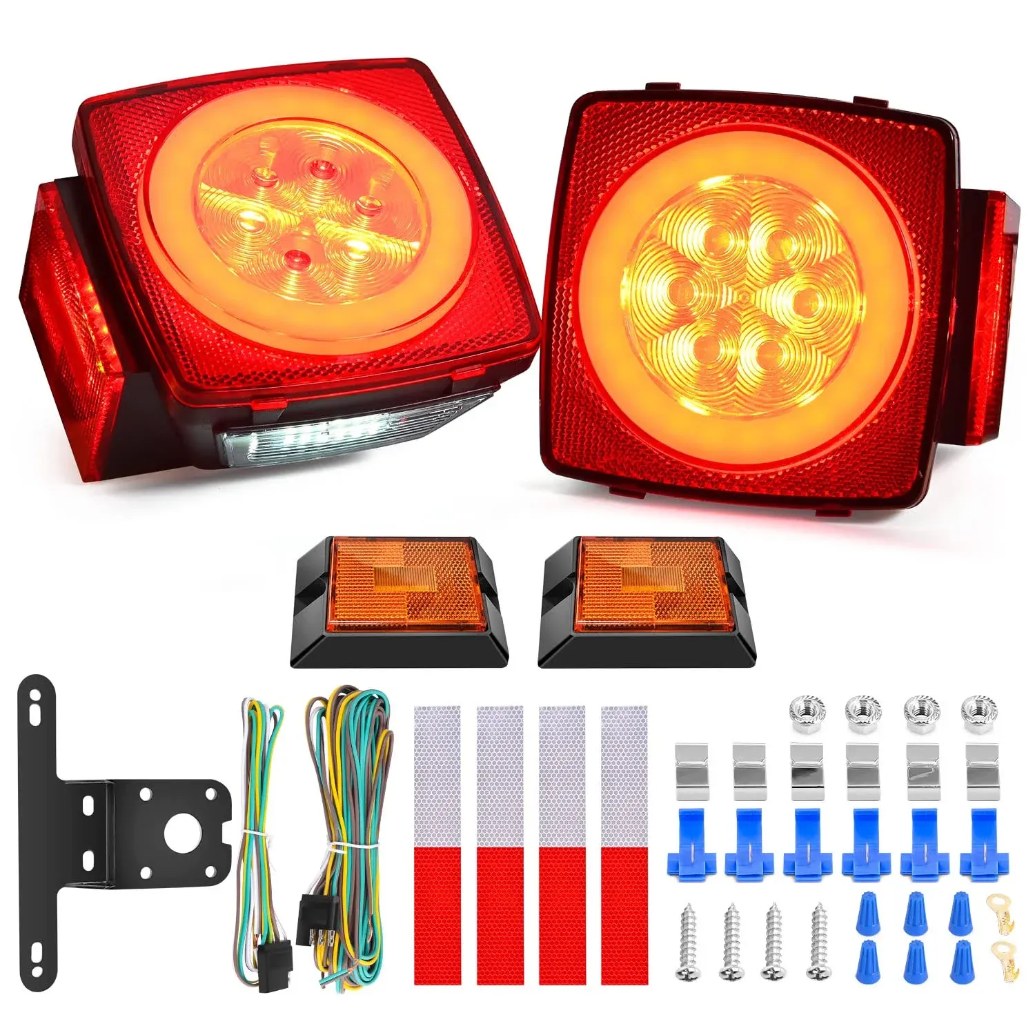 Nilight 2pcs Square LED Trailer Light Kit with Halo Glow Submersible LED Stop ...