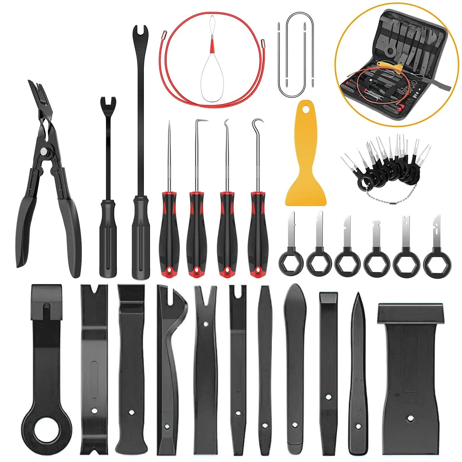 GOOACC 40Pcs Trim Removal Tool,Auto Terminal Removal Key Tool,Auto Clip Pliers Stereo Removal Tools,Car Upholstery Repair Removal Kit,Precision Hook and Pick Set,Wiring Threader,Car Film Scrape-Black