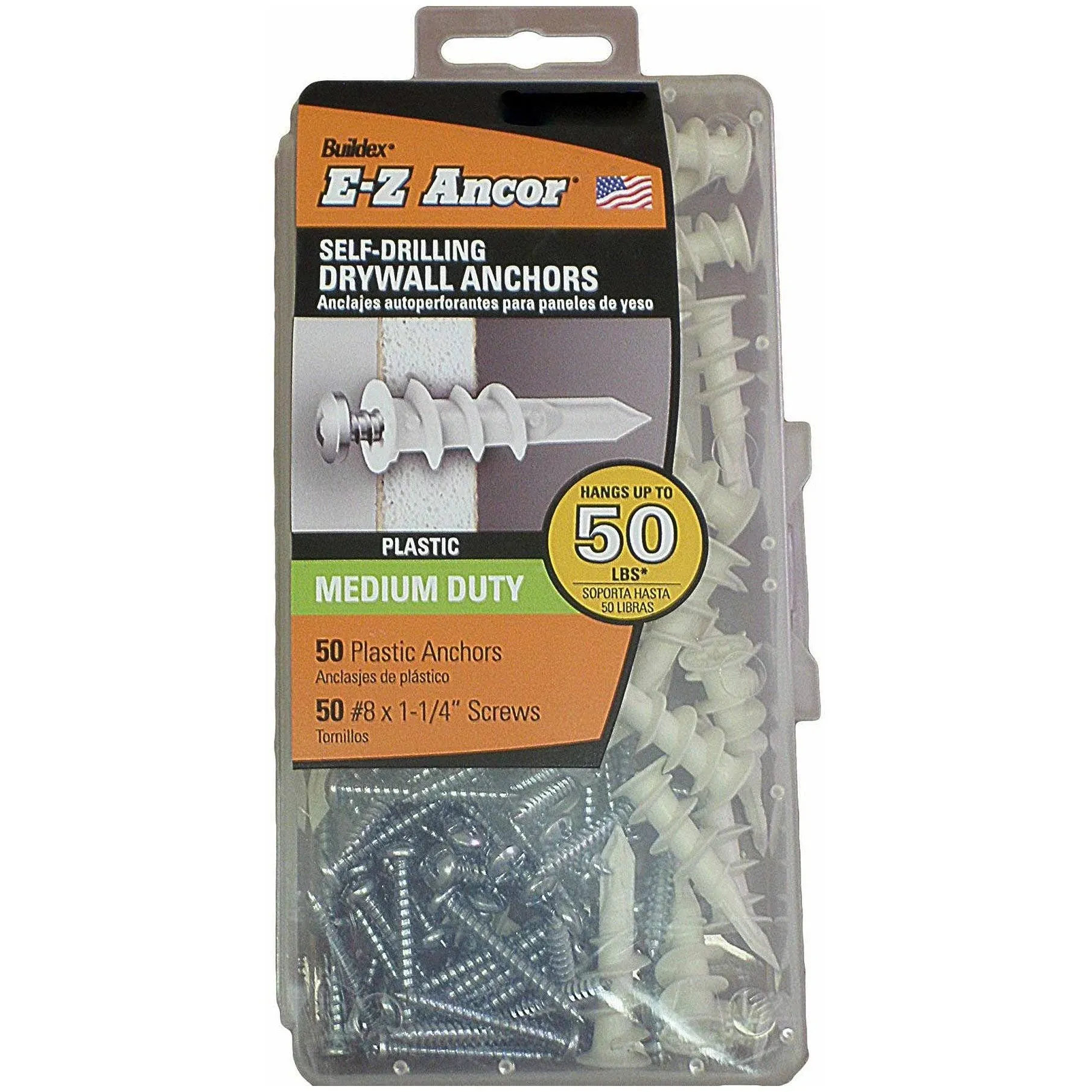 Plastic E-Z Ancor Kit #50 Self Drilling Drywall Anchor Set, with Screws 8 x 1-1/4 ...