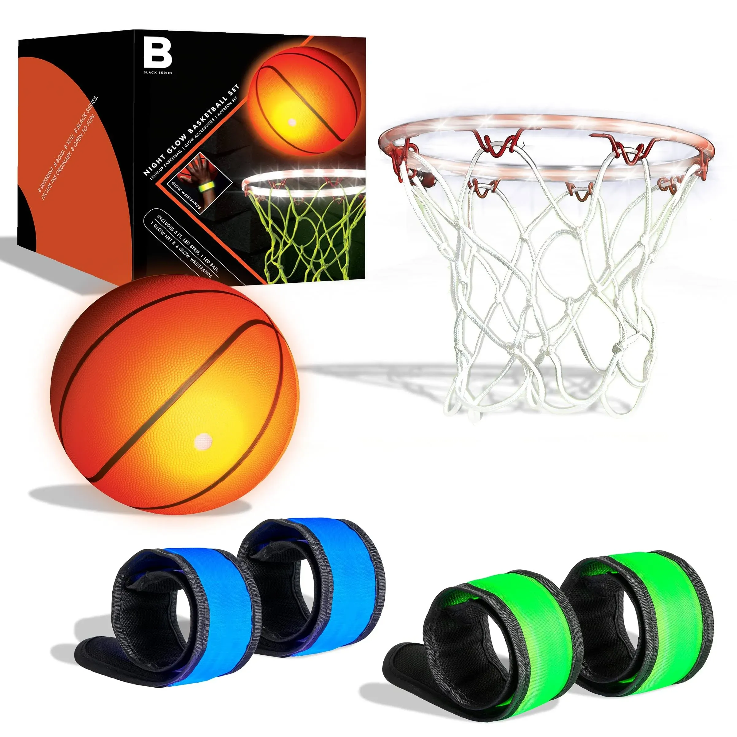 BLACK SERIES The Night Glow Basketball Set LED Light-Up Ball Net and Wristbands