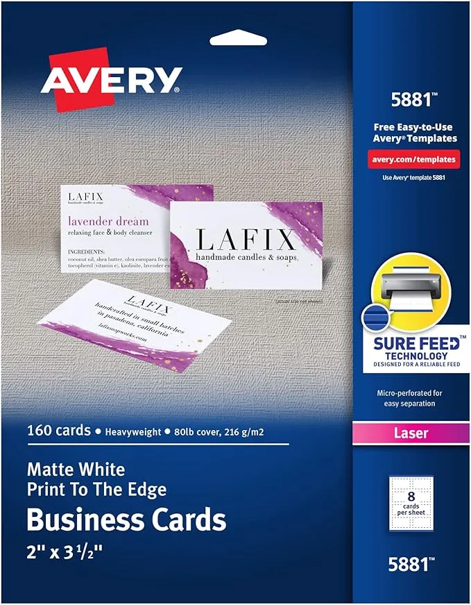 Avery Printable Business Cards with Sure Feed Technology, 2" x 3.5", White, 160 Blank Cards for Laser Printers (05881)