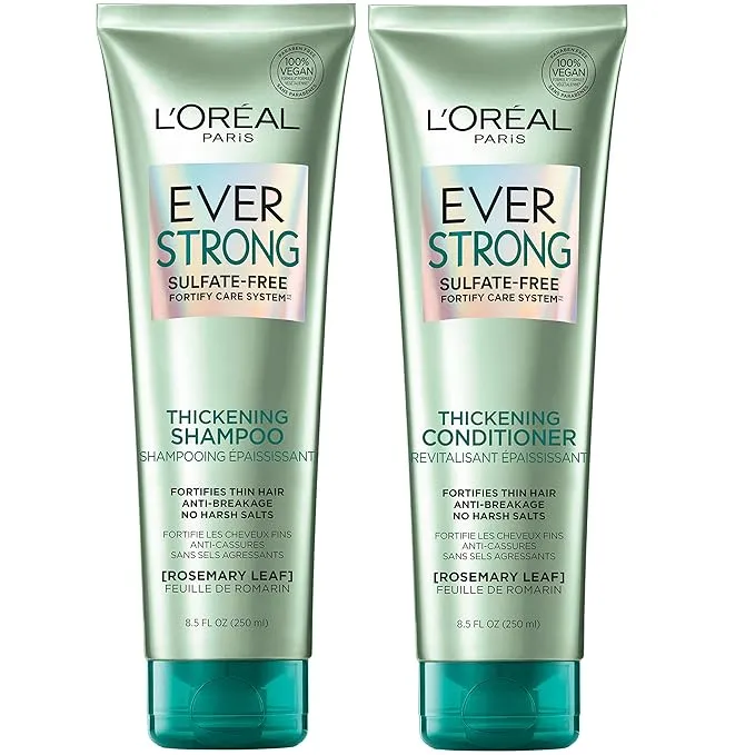 L'Oréal Paris Hair Care EverStrong Kit de shampooing et après-shampoing épaississant sans sulfate, épaissit et renforce, pour cheveux fins et fragiles, 251,4 ml chacun