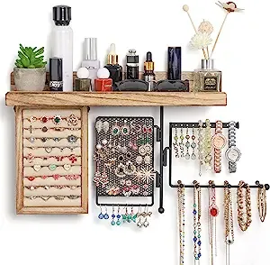 SOLIMINTR Hanging Jewelry Organizer Wall Mount with Rustic Wood Shelf, Ring Display Box, Ear Studs Earring Holder, Rotating Necklace Holder Organizer