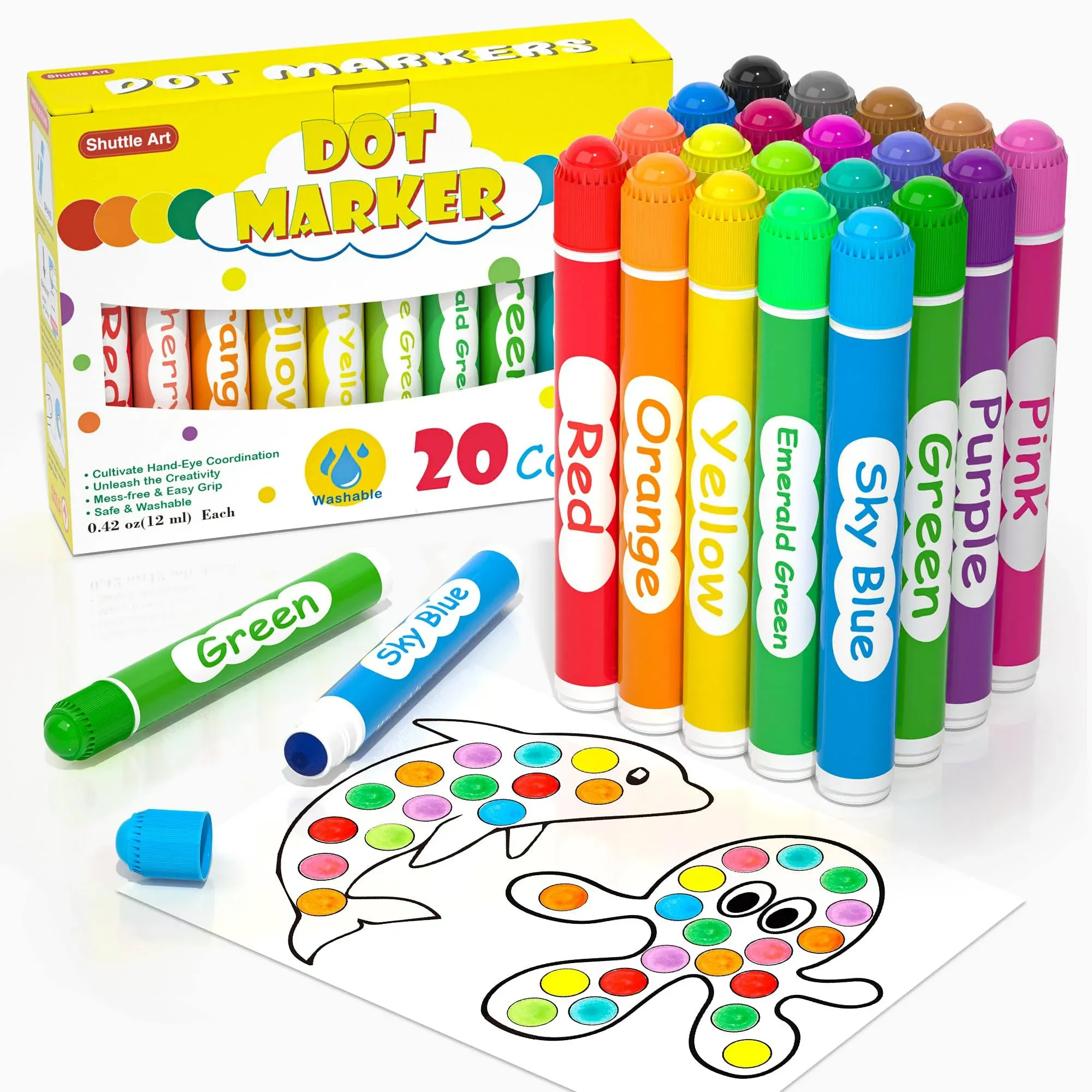 Shuttle Art Dot Markers, 14 Colors Bingo Daubers with 20 Unique Patterns of Dot Book for Toddler Art Activities, Non-Toxic Washable Coloring Markers for Preschool Kids Learning