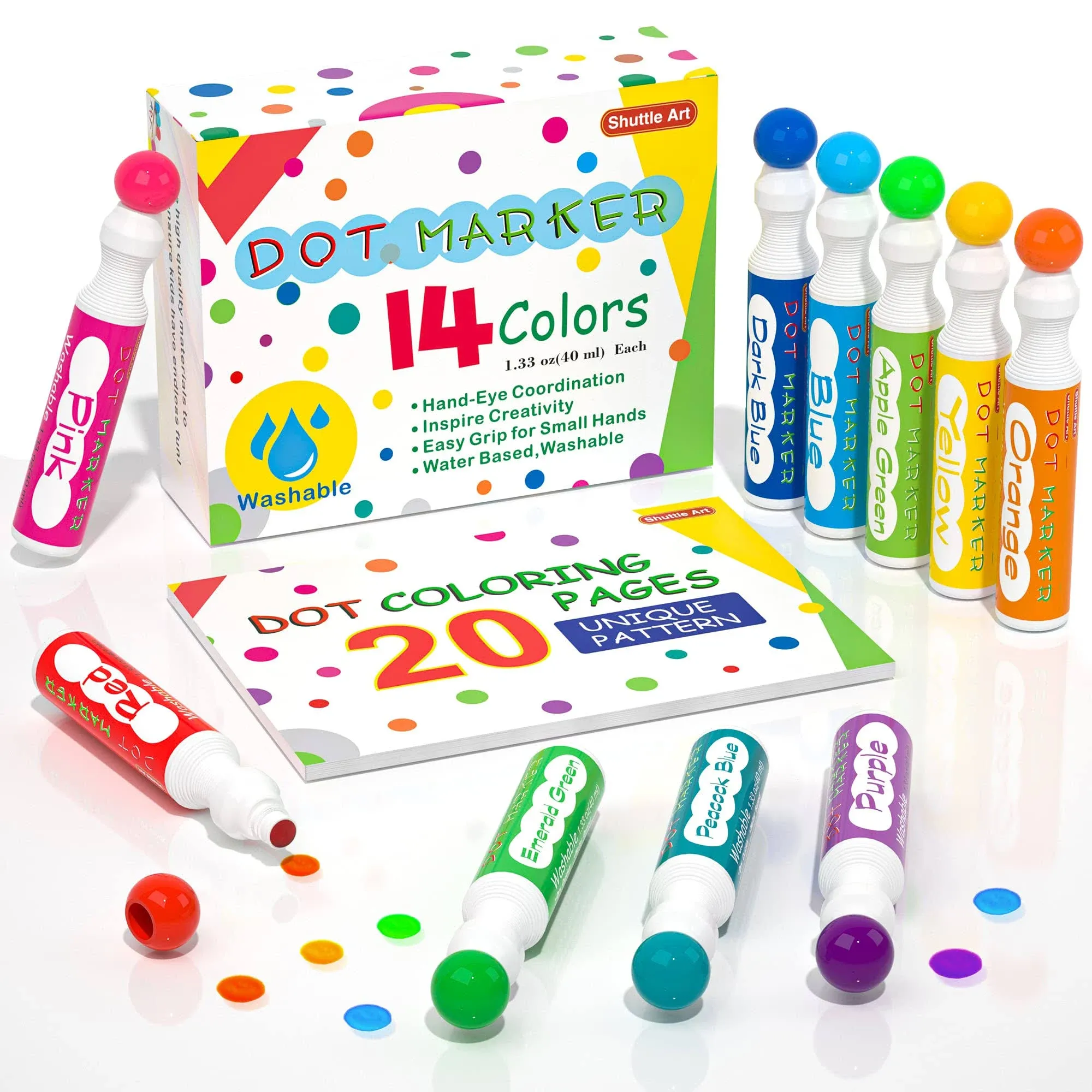 Shuttle Art Dot Markers, 14 Colors Bingo Daubers with 20 Unique Patterns of Dot Book for Toddler Art Activities, Non-Toxic Washable Coloring Markers for Preschool Kids Learning