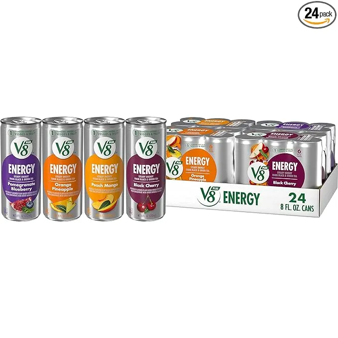 V8 +Energy Variety Pack, Pomegranate Blueberry, Orange Pineapple, Peach Mango, Black Cherry, 8 Ounce Can (24 Count), Size: 8 fl oz